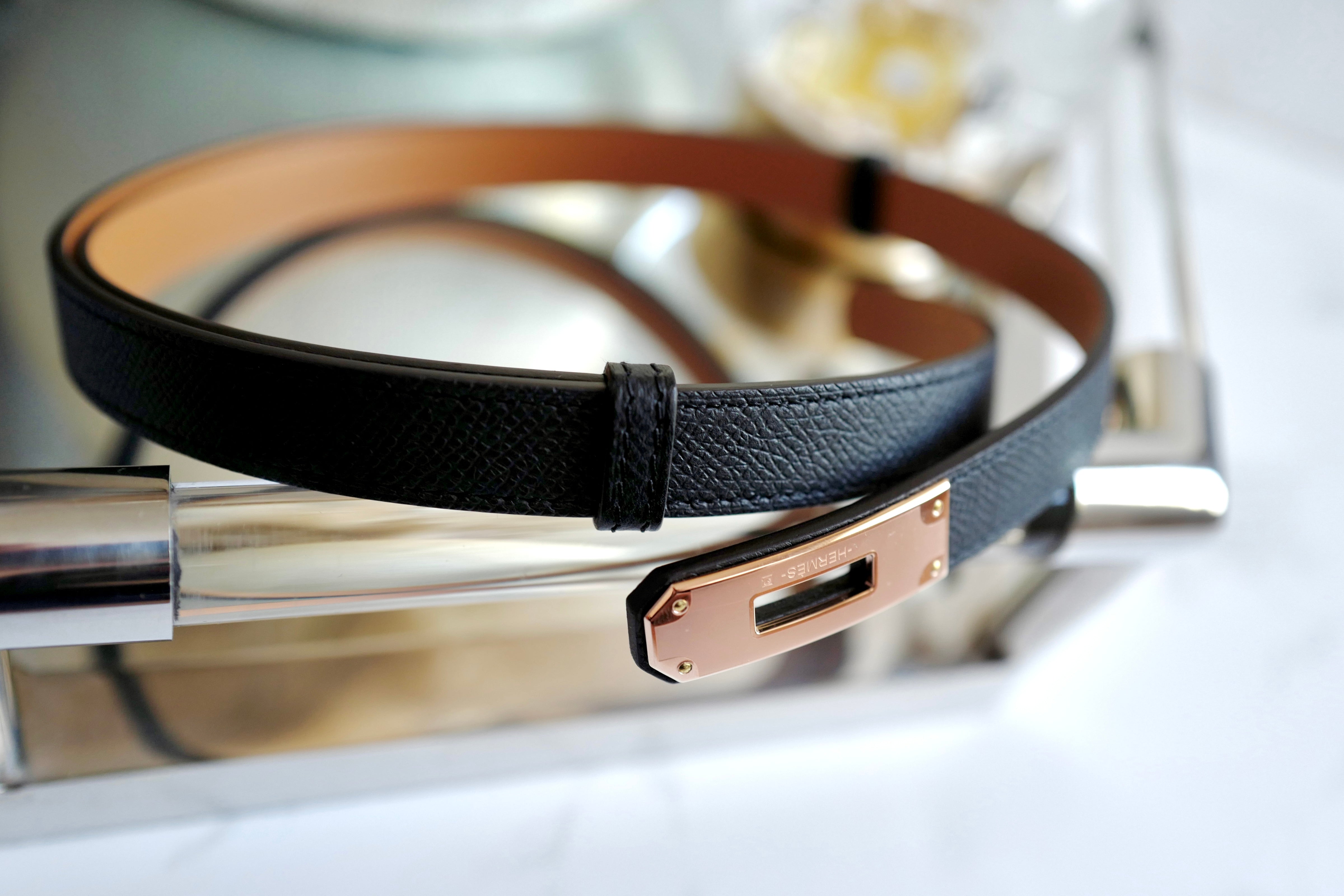 NEW Hermes Kelly Belt 18 Epsom Calfskin Black Rose Gold HW