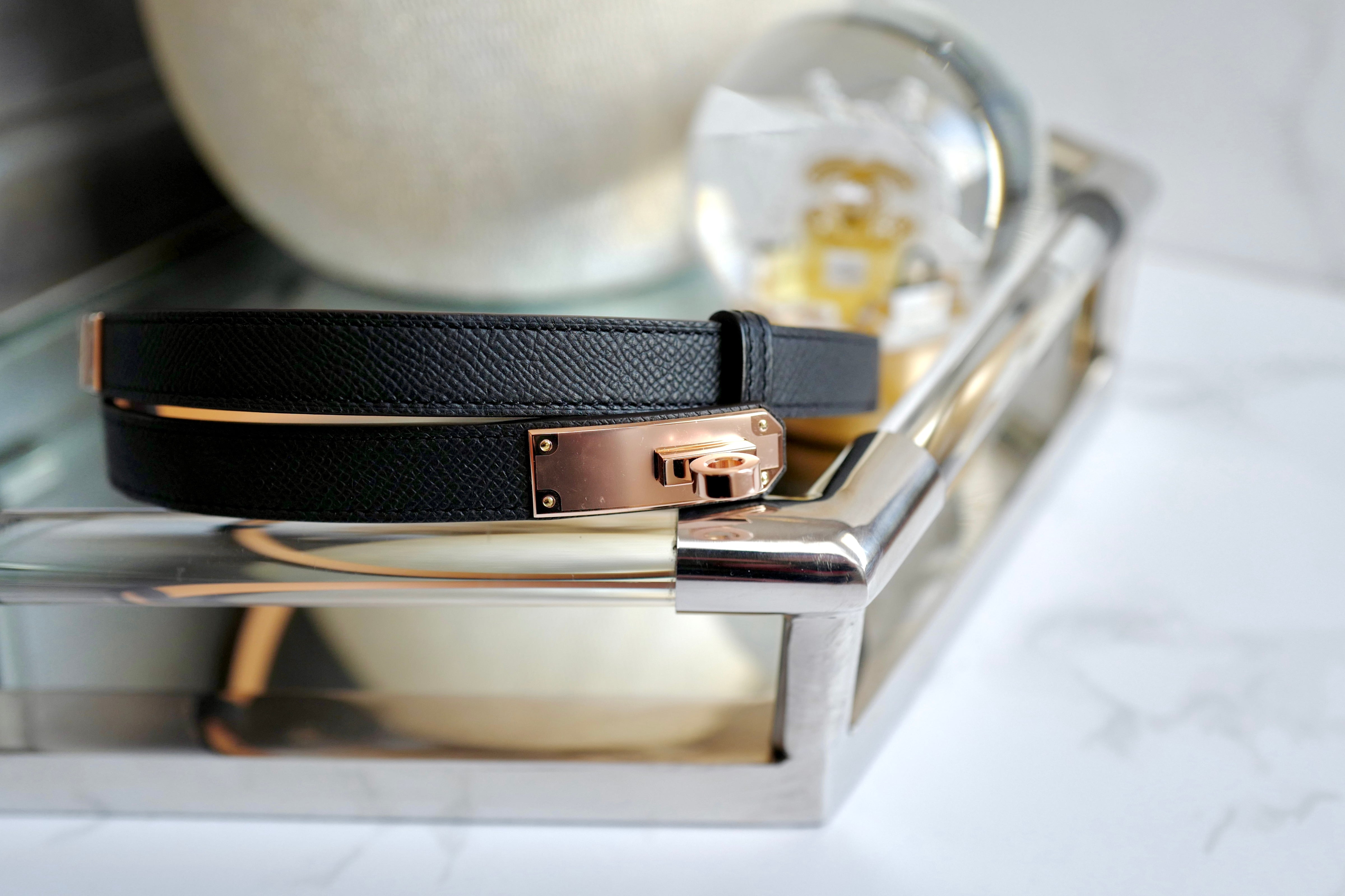 NEW Hermes Kelly Belt 18 Epsom Calfskin Black Rose Gold HW