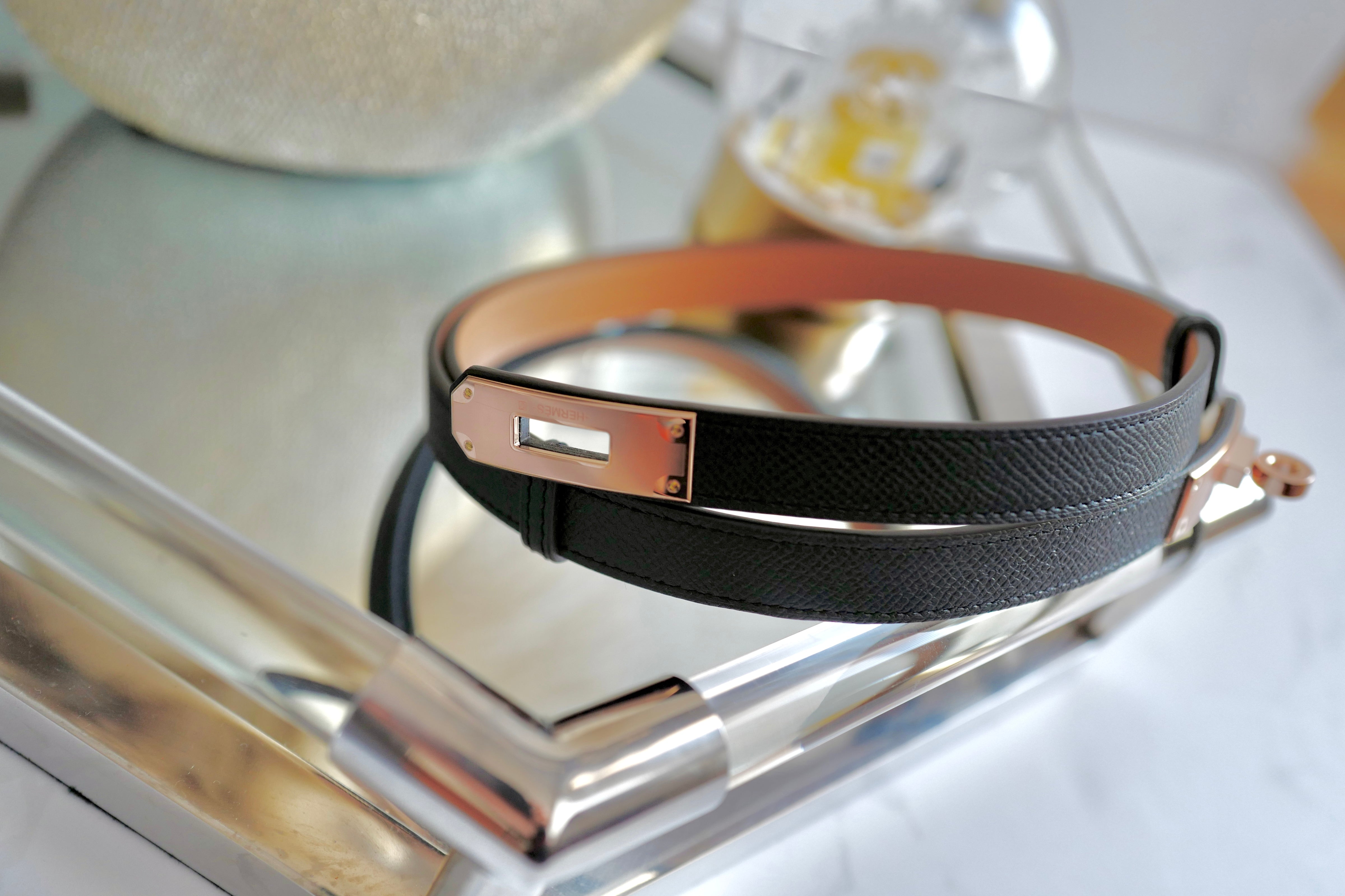 NEW Hermes Kelly Belt 18 Epsom Calfskin Black Rose Gold HW