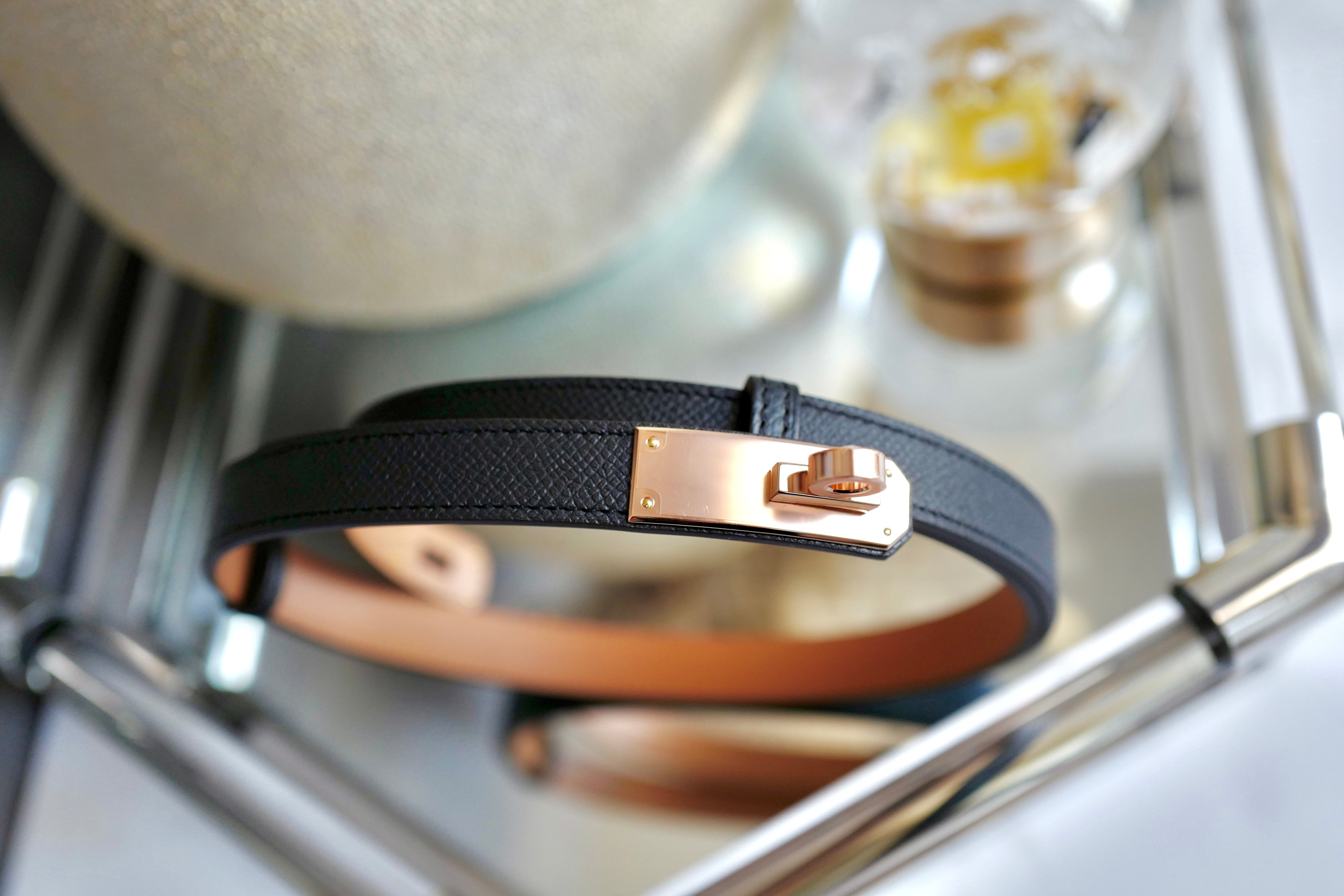 NEW Hermes Kelly Belt 18 Epsom Calfskin Black Rose Gold HW