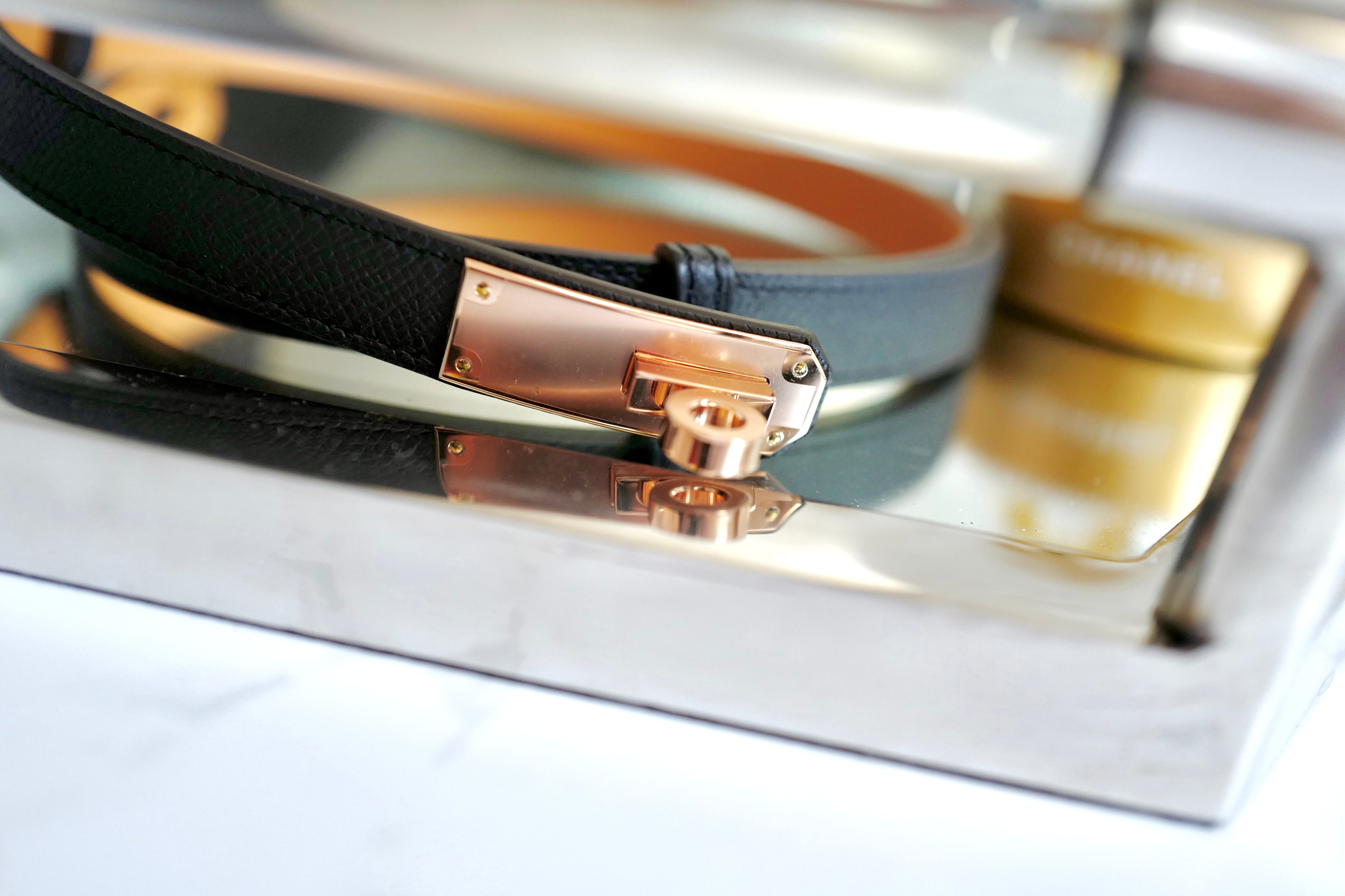 NEW Hermes Kelly Belt 18 Epsom Calfskin Black Rose Gold HW
