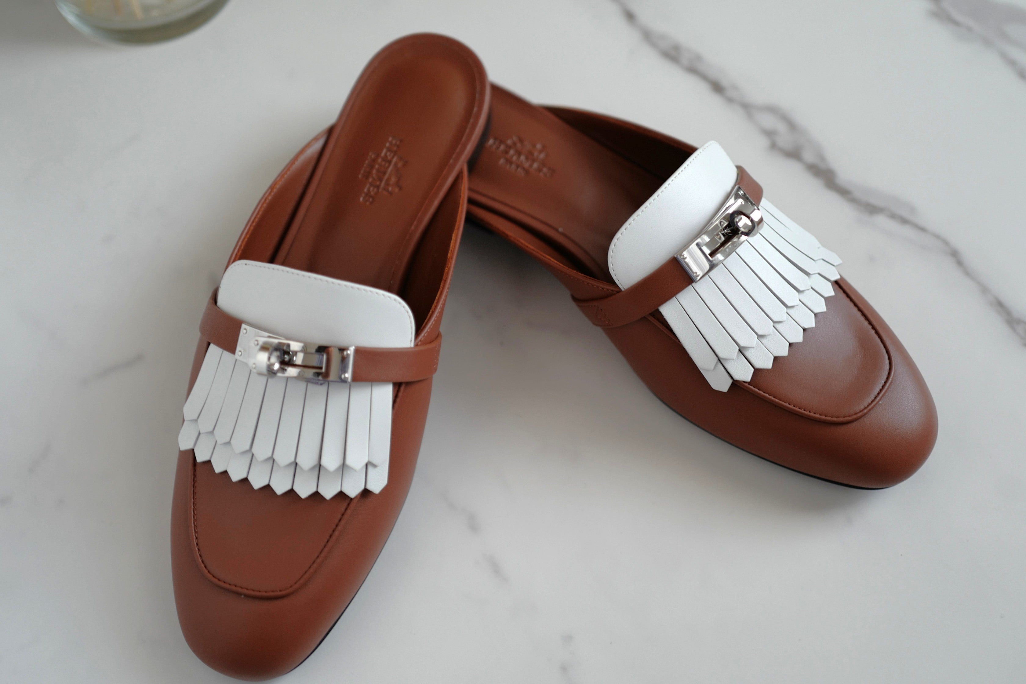 BNIB Hermes Women Mules Fringed Oz Supple Calfskin w/ PHW Size 38