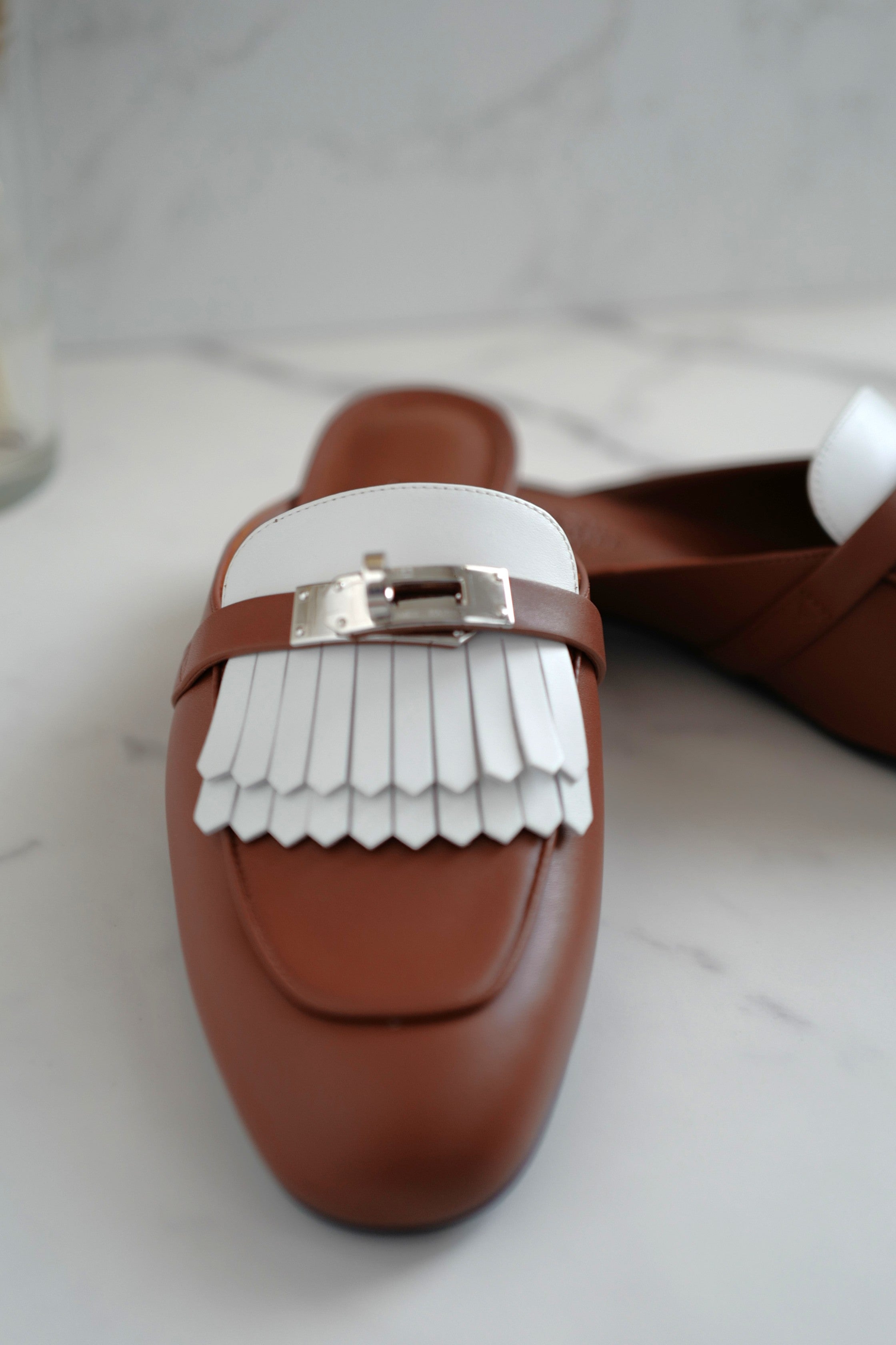 BNIB Hermes Women Mules Fringed Oz Supple Calfskin w/ PHW Size 38