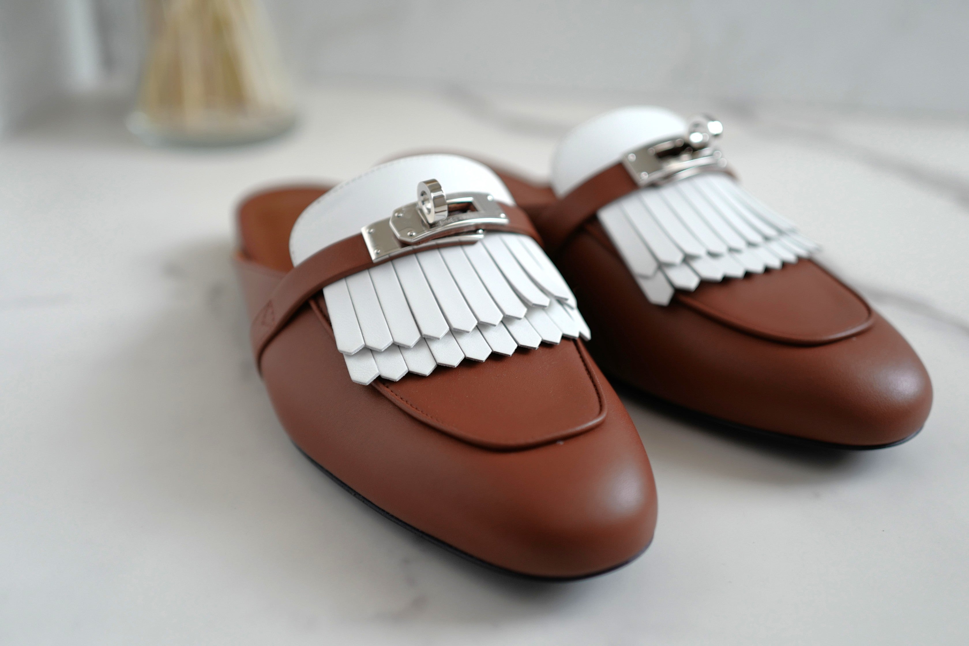 BNIB Hermes Women Mules Fringed Oz Supple Calfskin w/ PHW Size 38