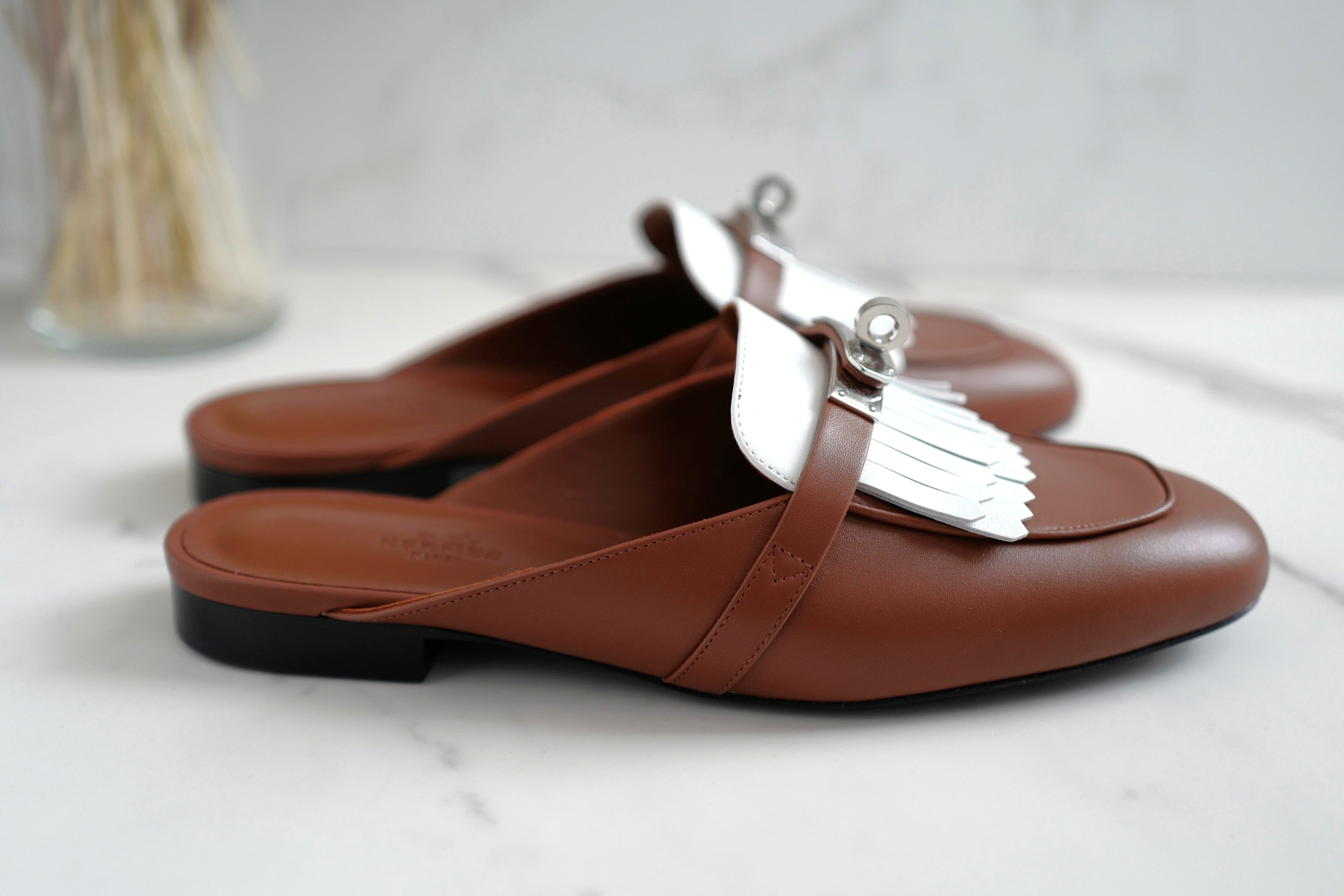 BNIB Hermes Women Mules Fringed Oz Supple Calfskin w/ PHW Size 38