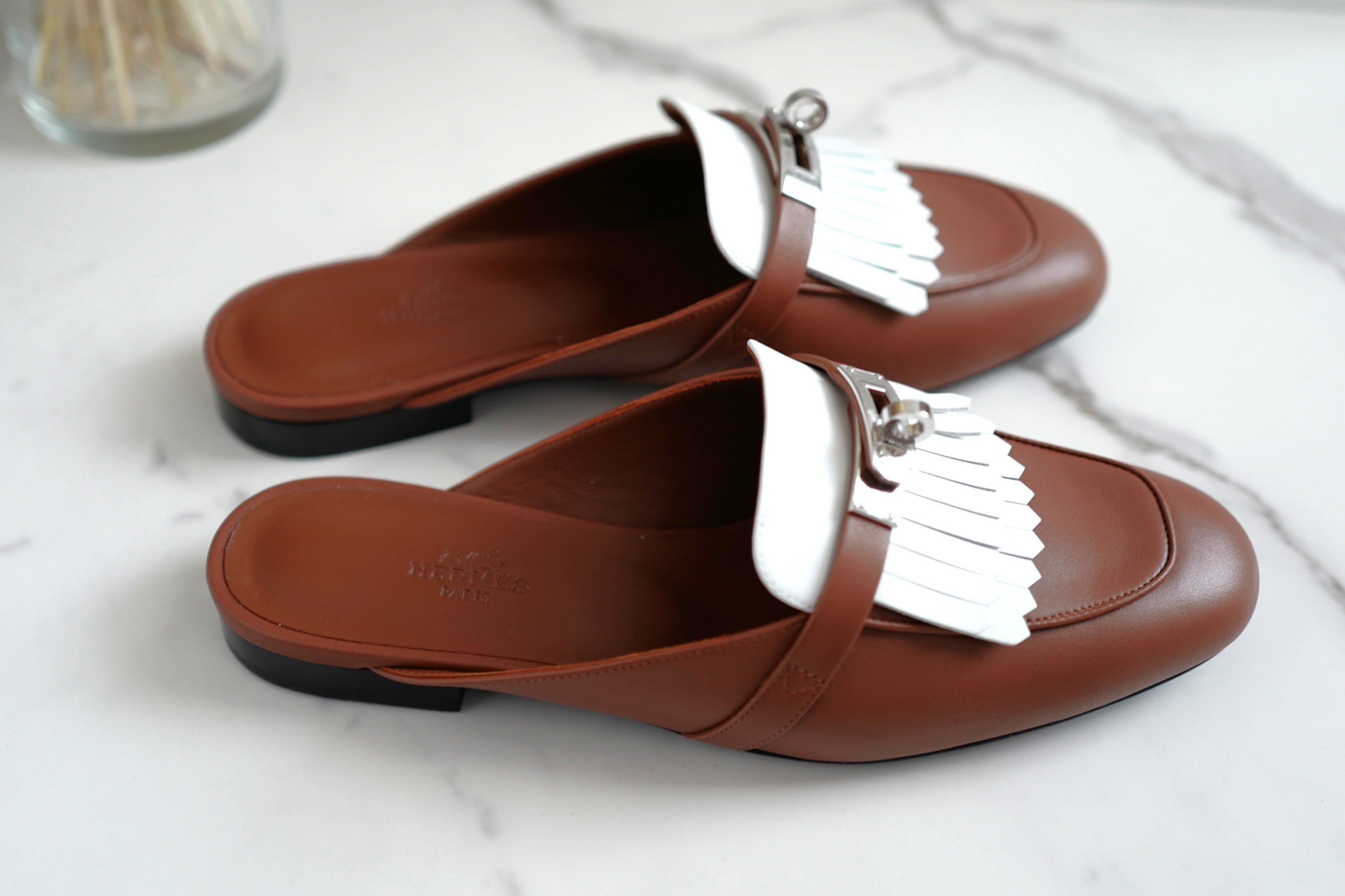 BNIB Hermes Women Mules Fringed Oz Supple Calfskin w/ PHW Size 38
