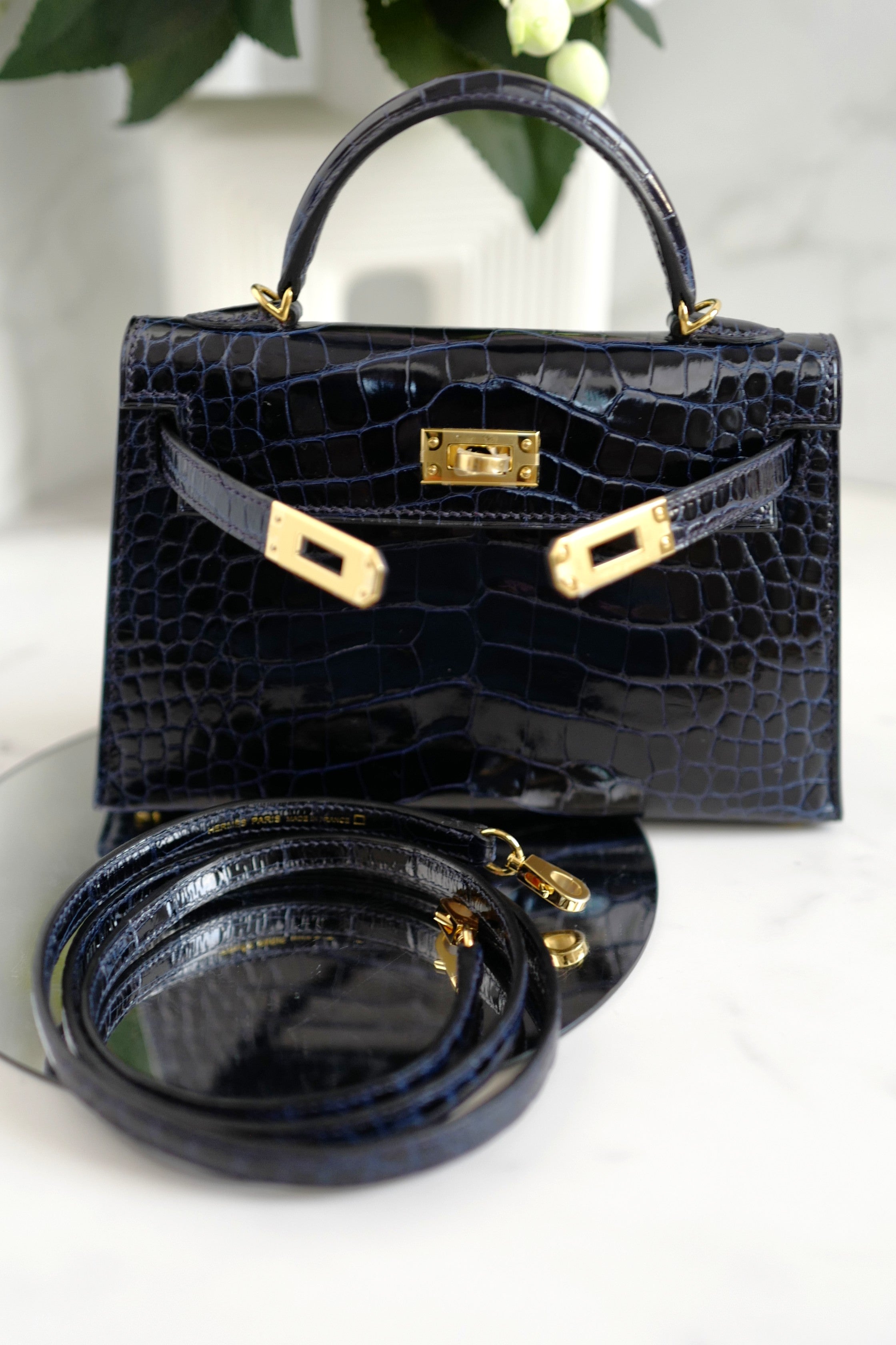 BNIB Hermes Mini Kelly Marine Shiny Alligator Gold Hardware