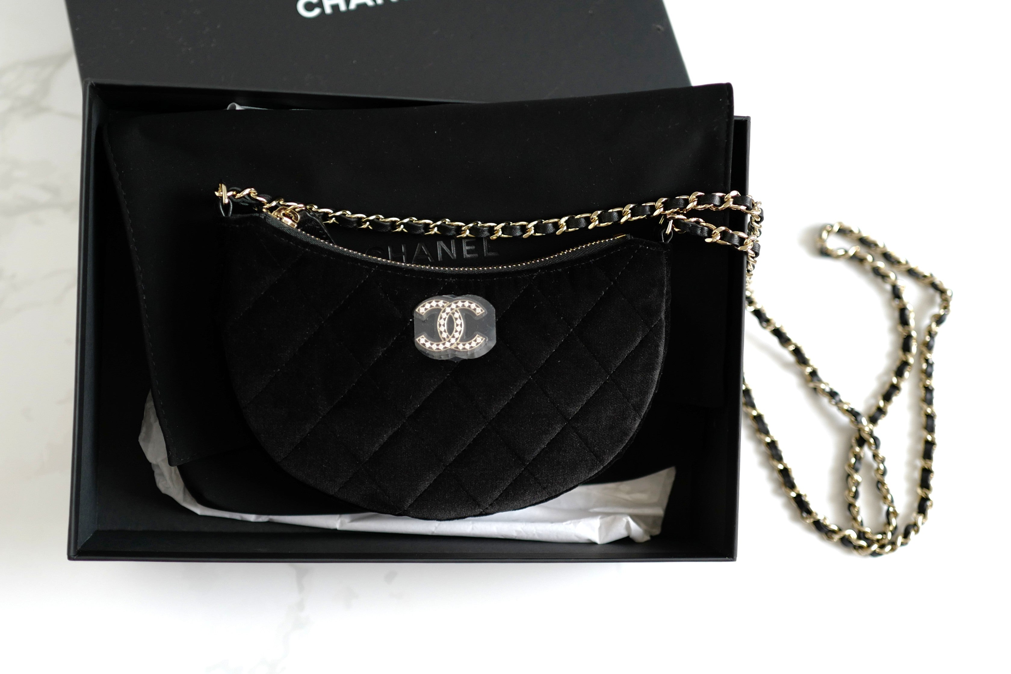BNIB Chanel Half Moon Bag in Suede/Velvet with Crystal CC Black with Chain