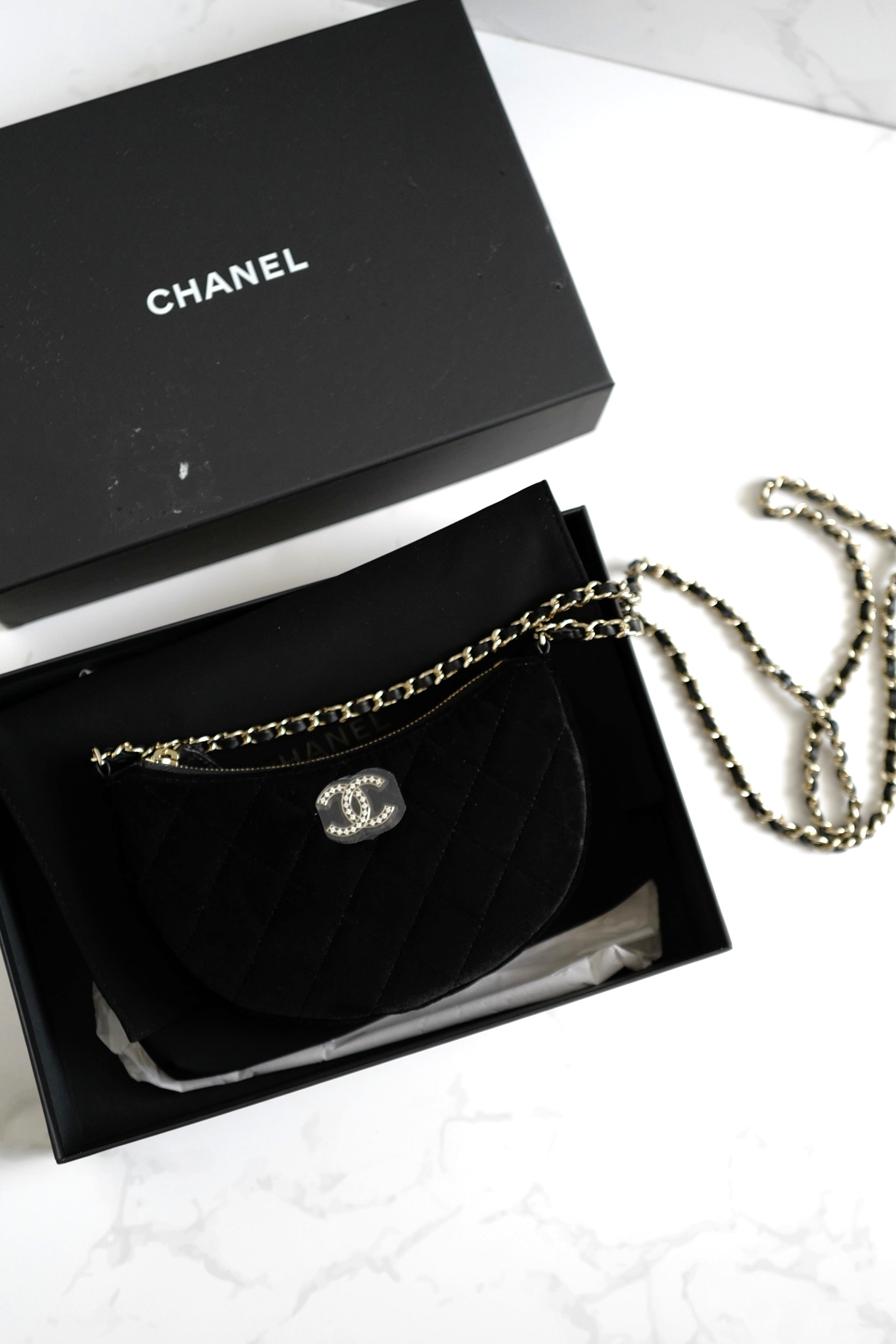BNIB Chanel Half Moon Bag in Suede/Velvet with Crystal CC Black with Chain