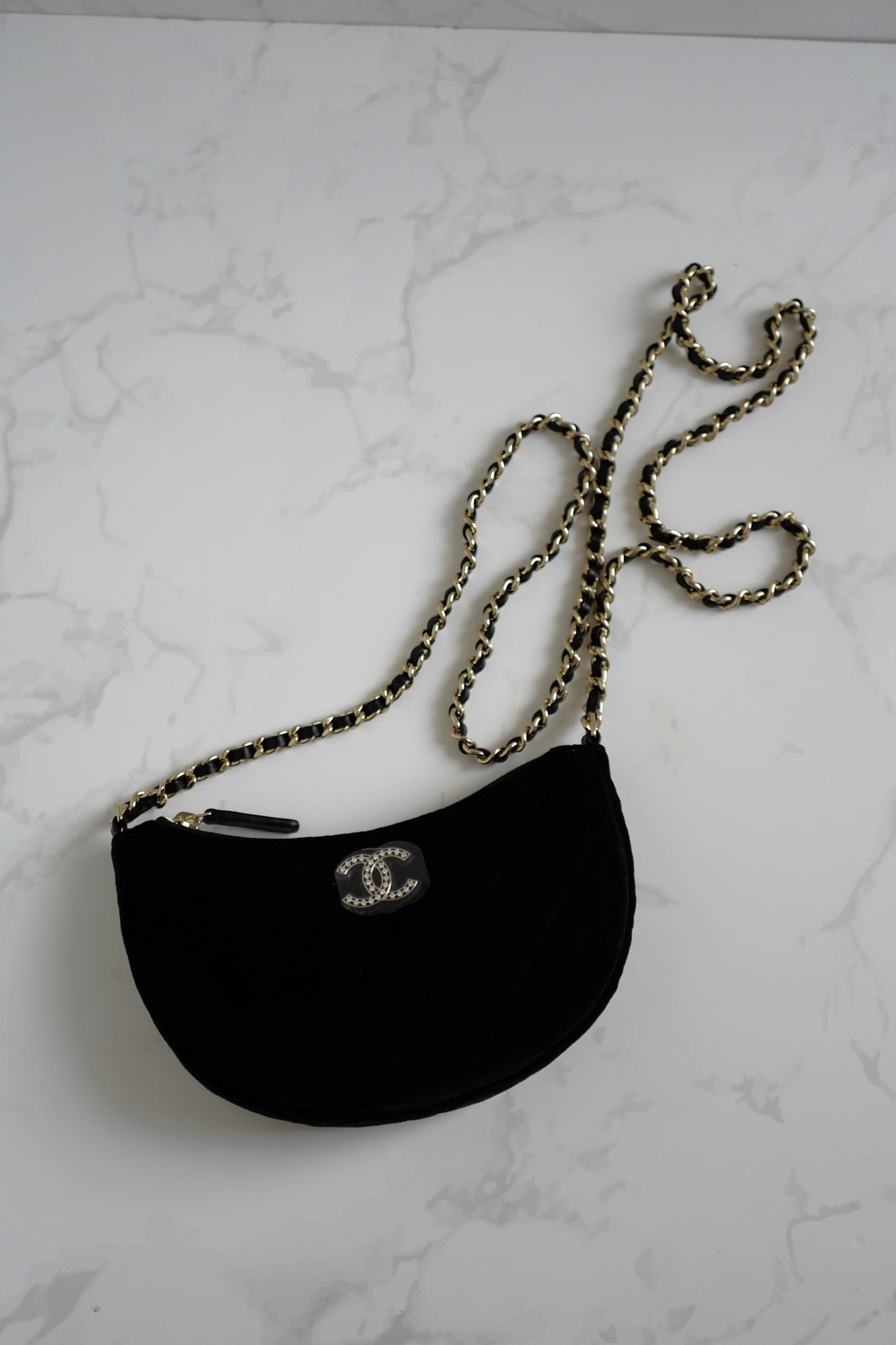 BNIB Chanel Half Moon Bag in Suede/Velvet with Crystal CC Black with Chain