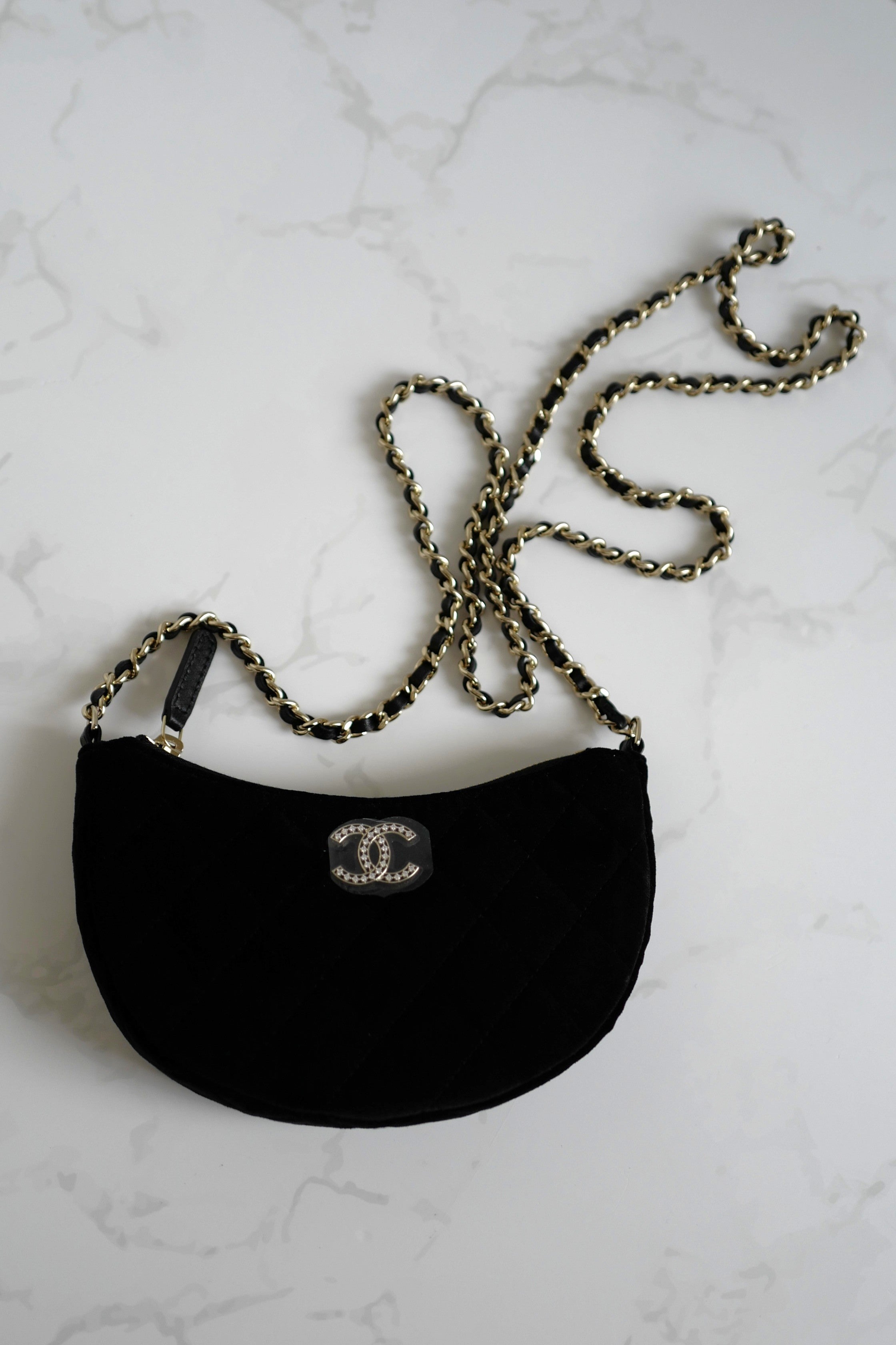 BNIB Chanel Half Moon Bag in Suede/Velvet with Crystal CC Black with Chain