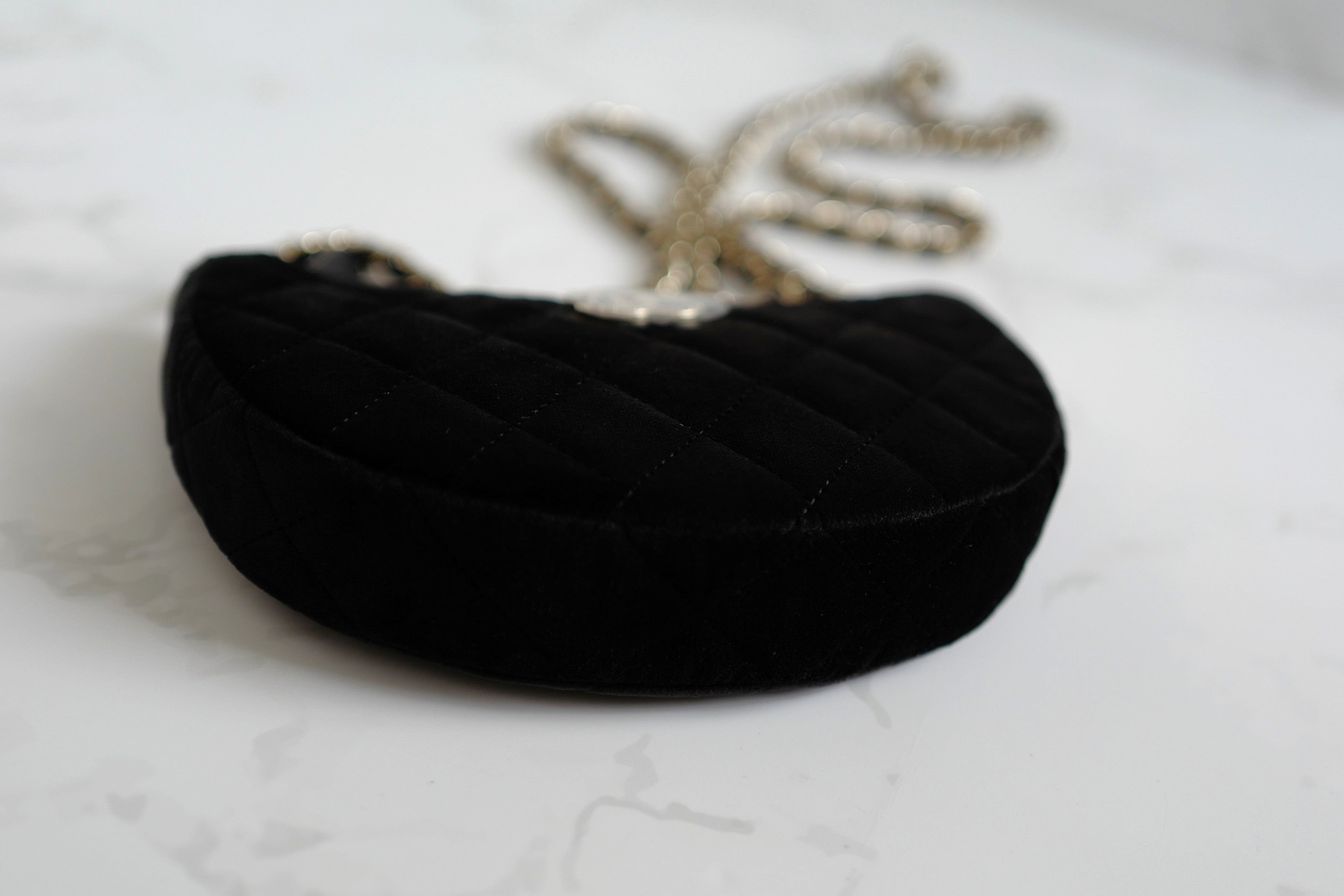 BNIB Chanel Half Moon Bag in Suede/Velvet with Crystal CC Black with Chain