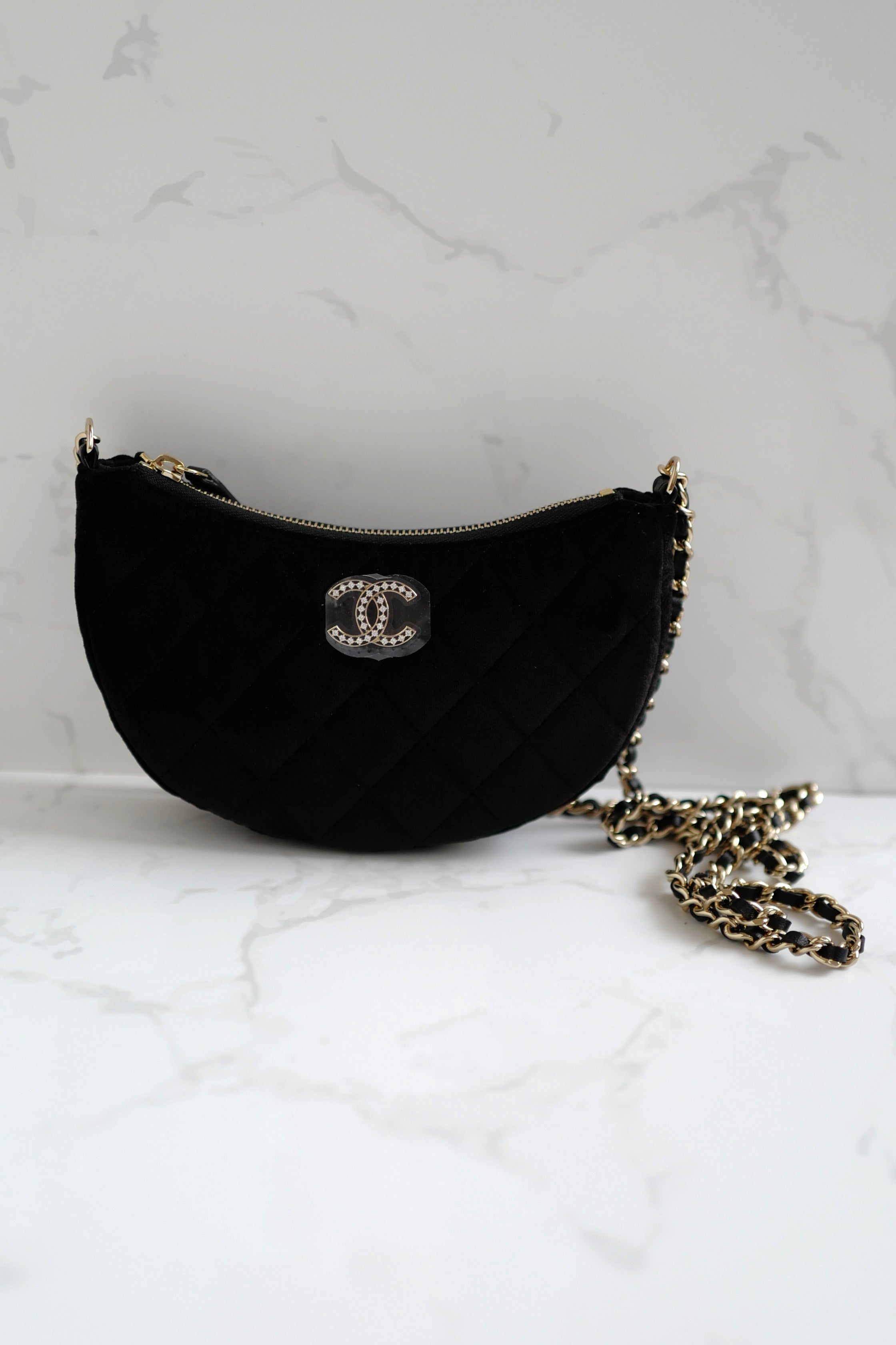BNIB Chanel Half Moon Bag in Suede/Velvet with Crystal CC Black with Chain