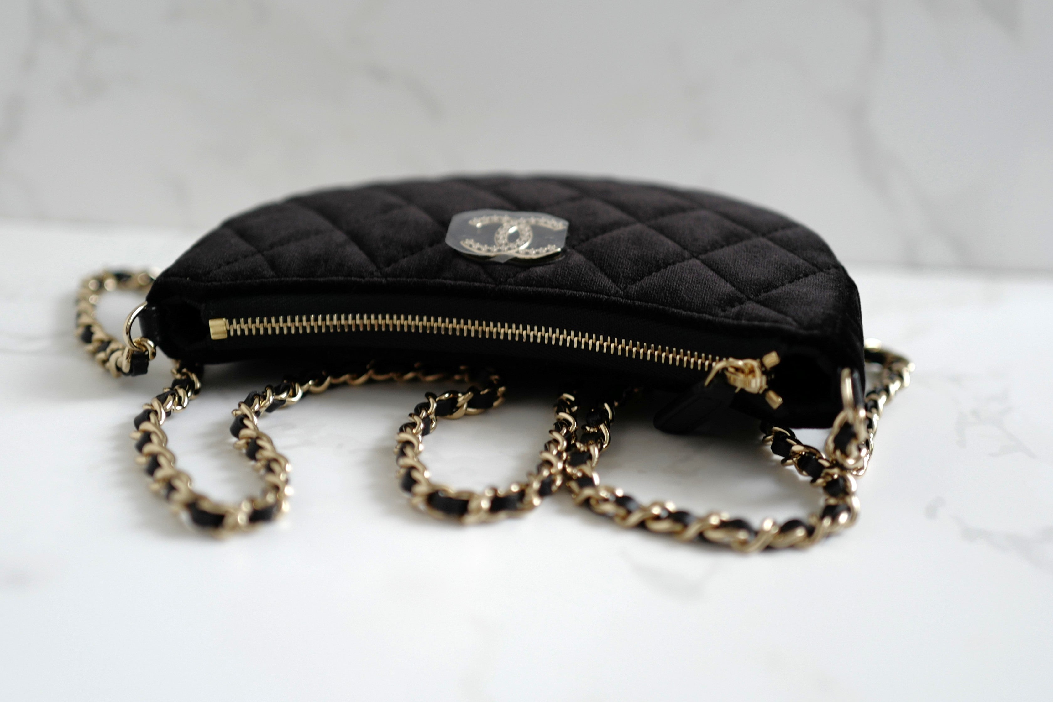 BNIB Chanel Half Moon Bag in Suede/Velvet with Crystal CC Black with Chain