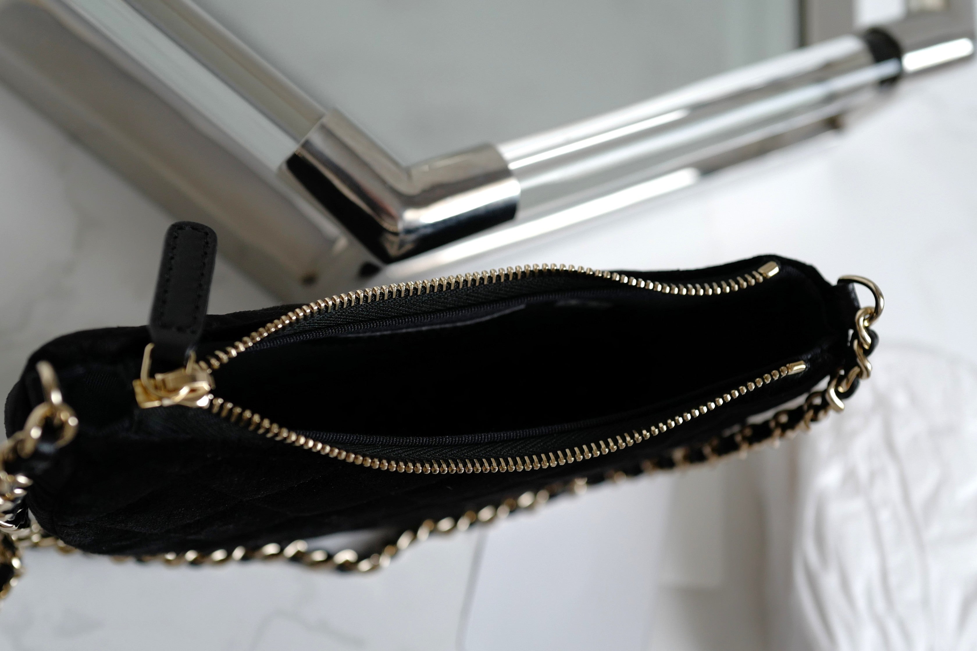 BNIB Chanel Half Moon Bag in Suede/Velvet with Crystal CC Black with Chain