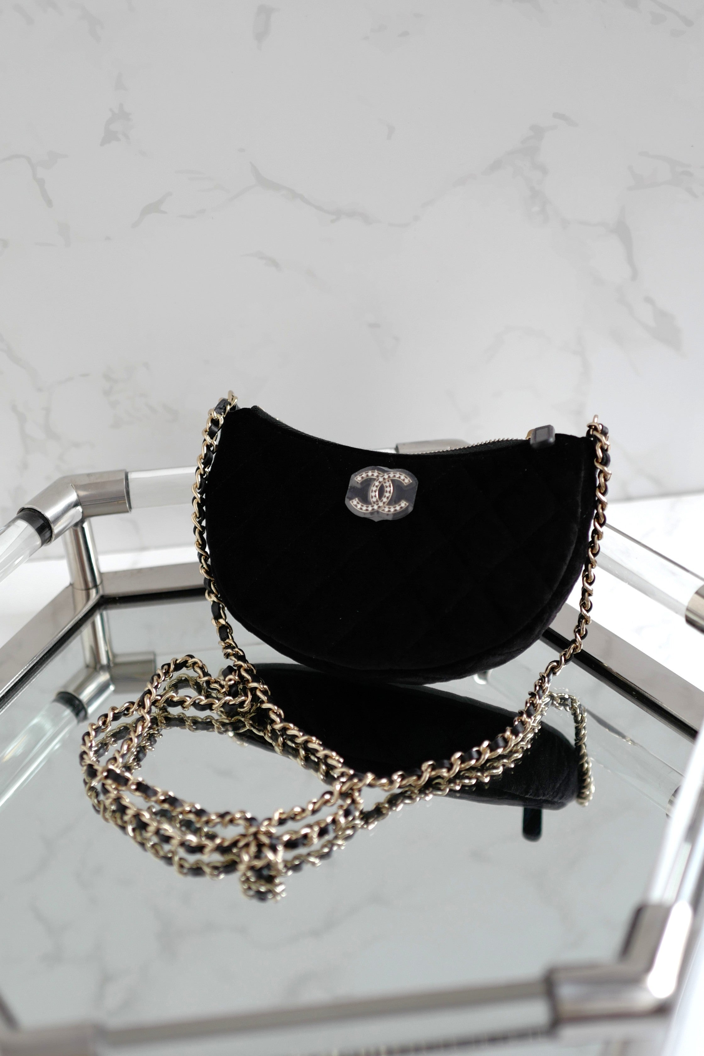 BNIB Chanel Half Moon Bag in Suede/Velvet with Crystal CC Black with Chain