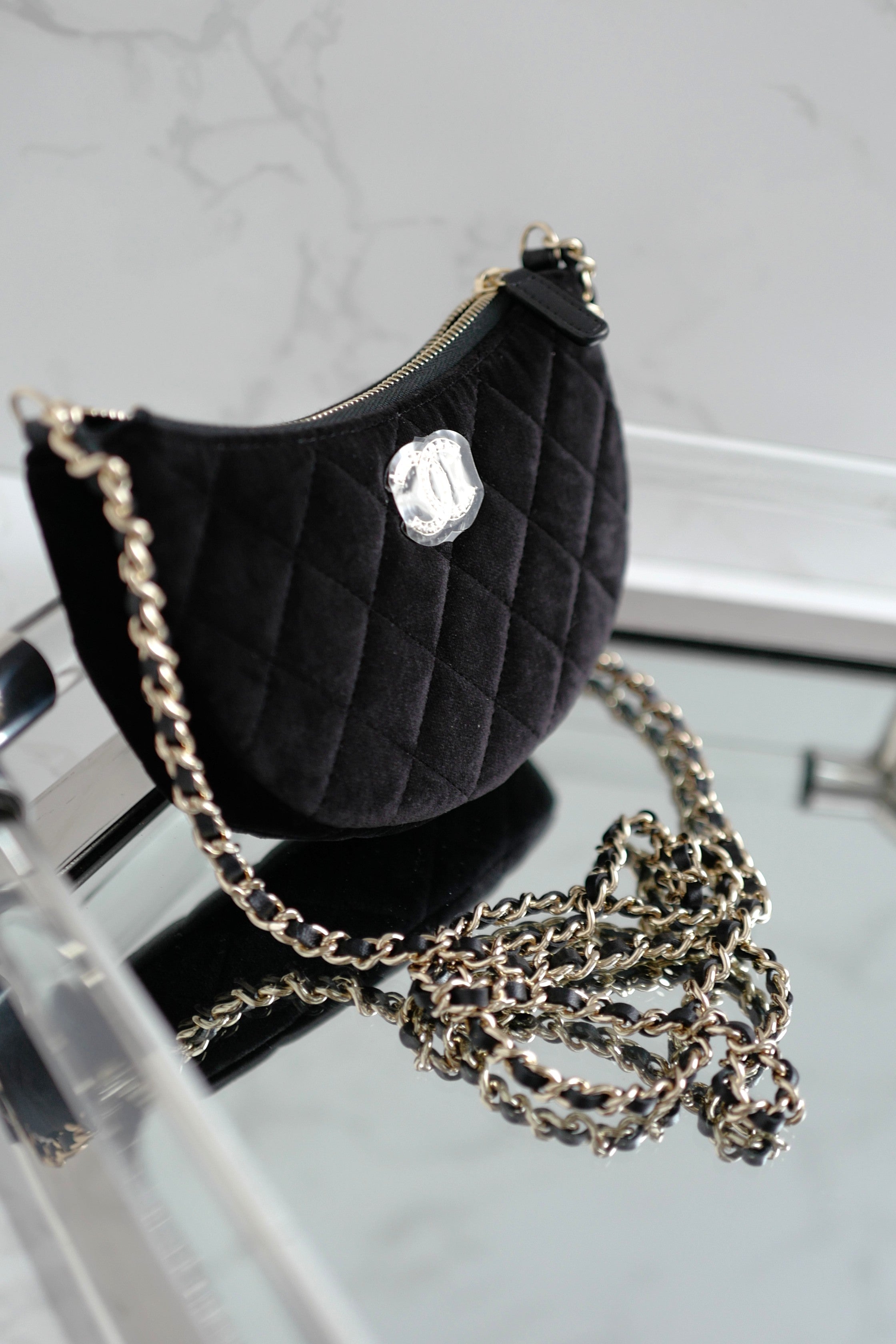 BNIB Chanel Half Moon Bag in Suede/Velvet with Crystal CC Black with Chain