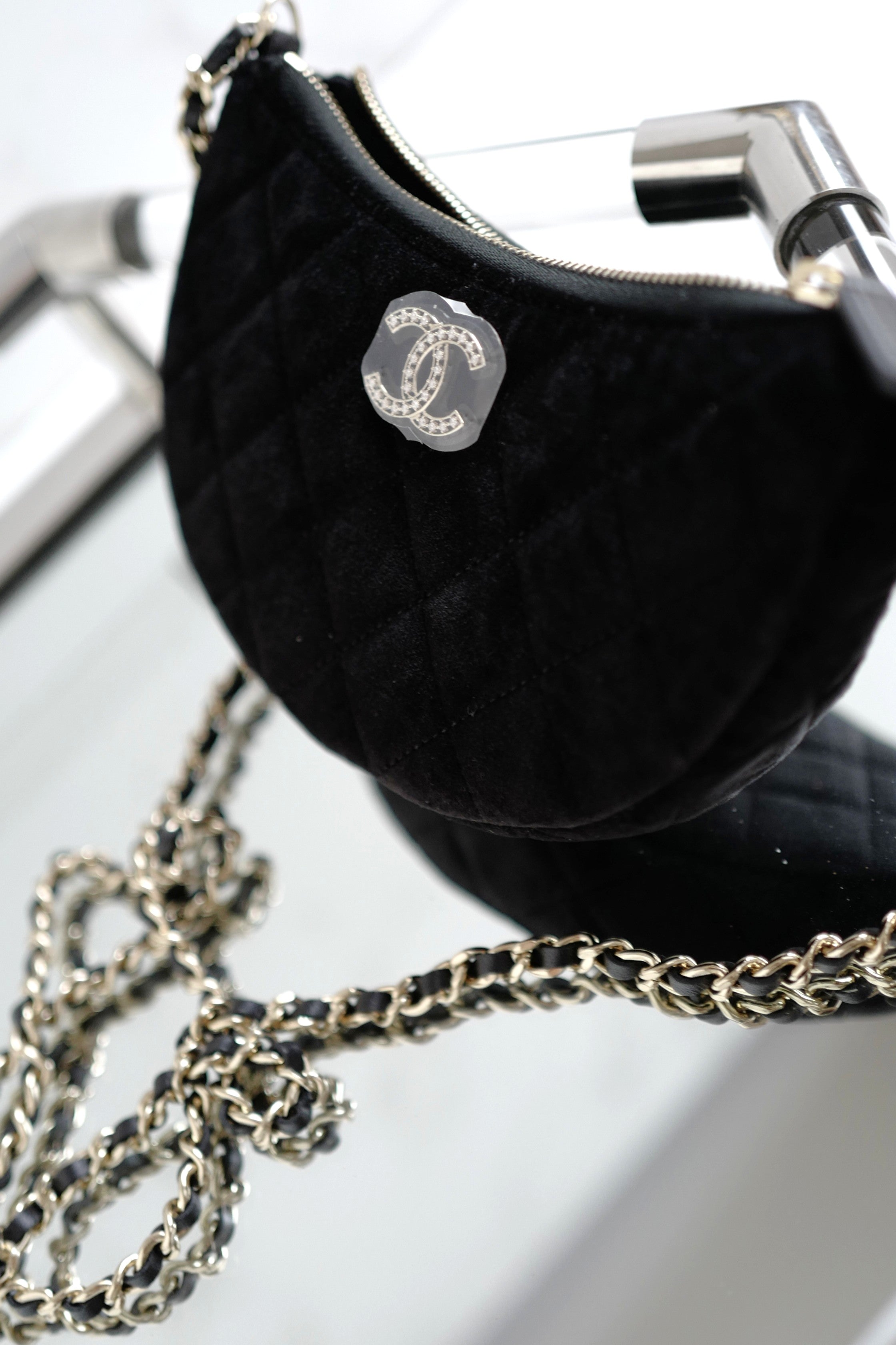 BNIB Chanel Half Moon Bag in Suede/Velvet with Crystal CC Black with Chain