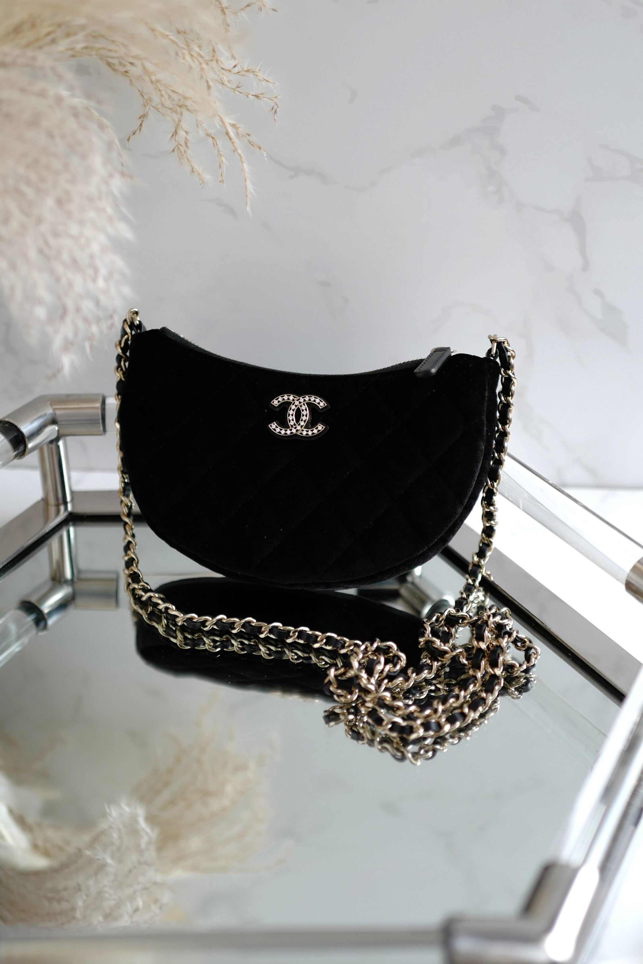 BNIB Chanel Half Moon Bag in Suede/Velvet with Crystal CC Black with Chain