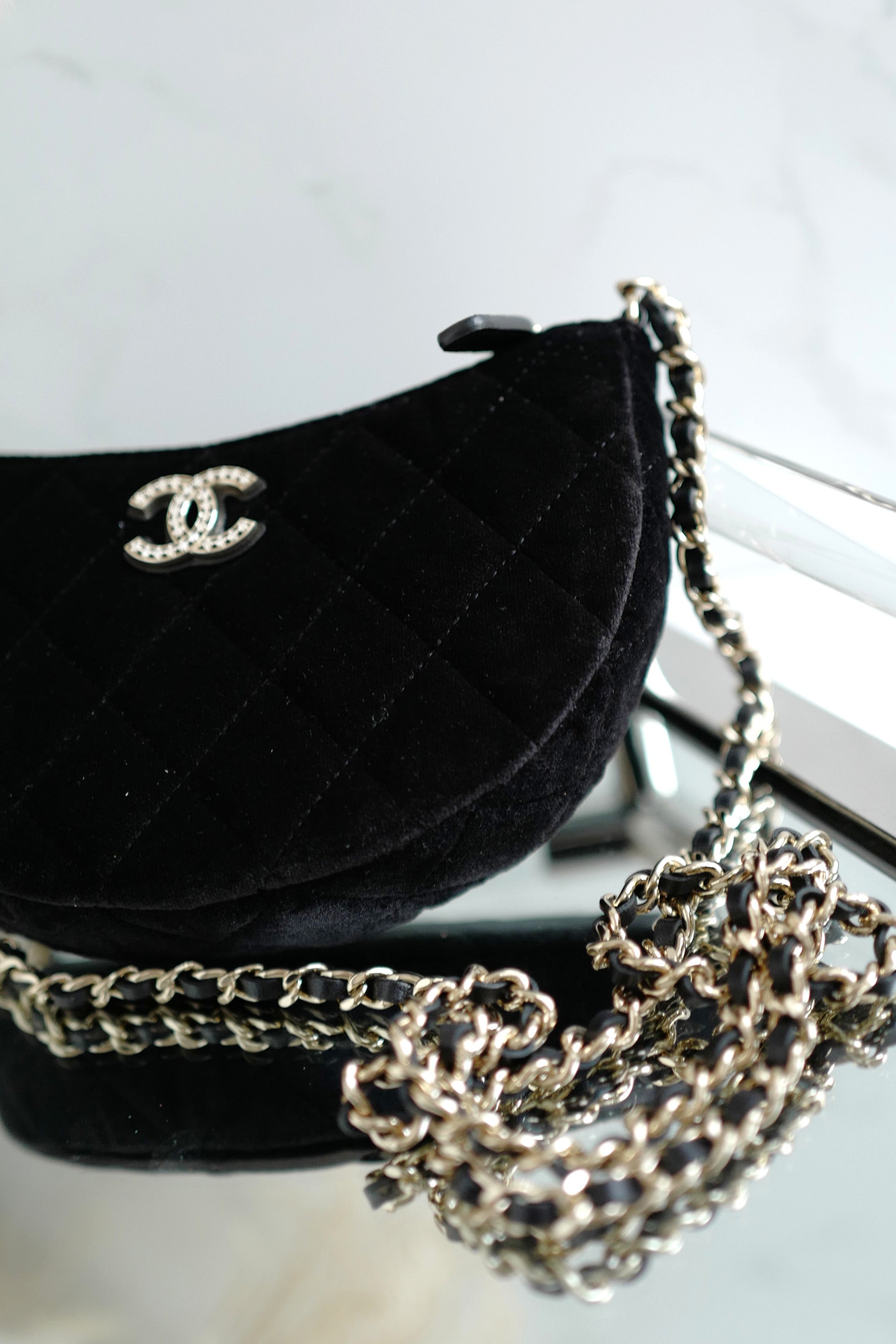BNIB Chanel Half Moon Bag in Suede/Velvet with Crystal CC Black with Chain