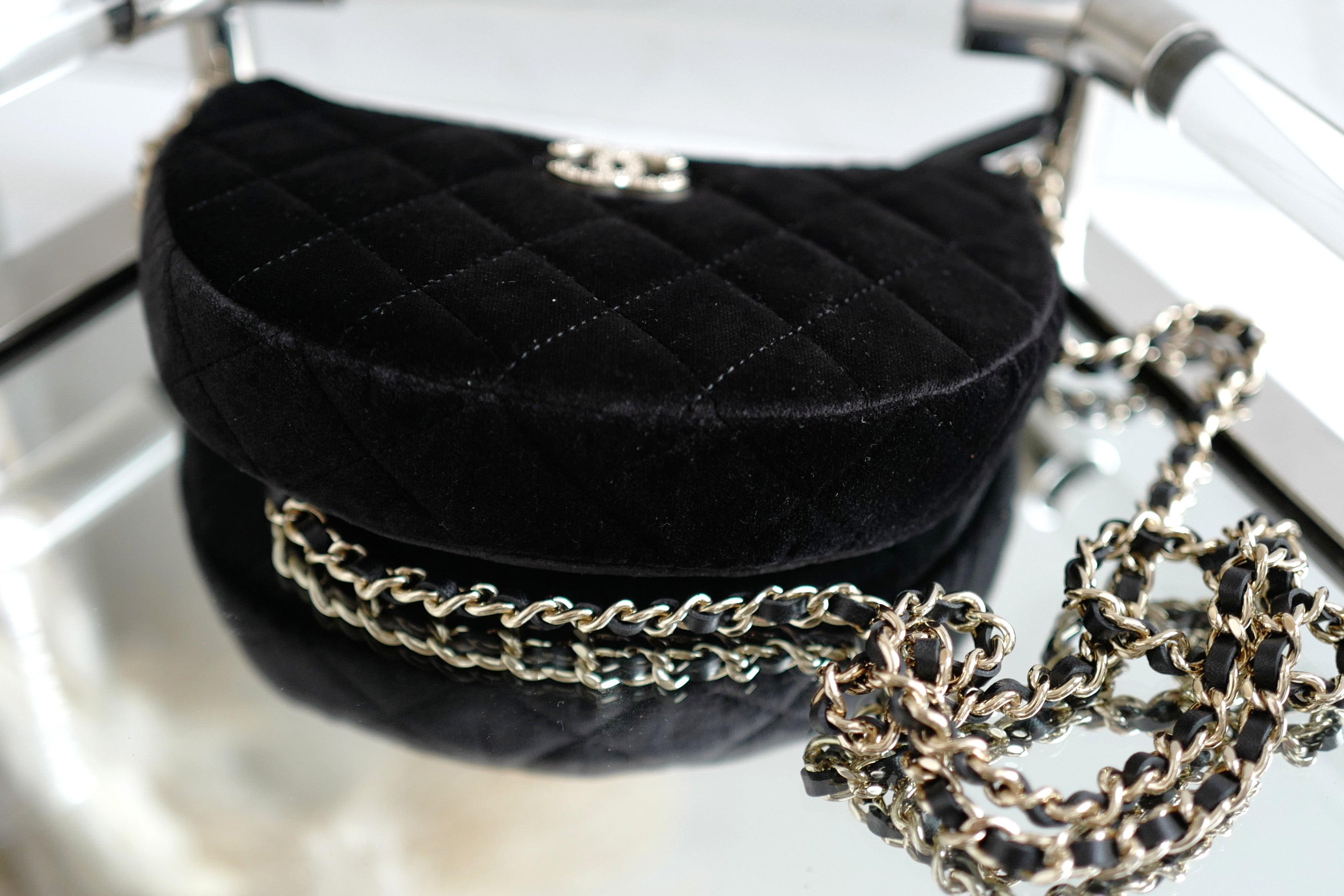BNIB Chanel Half Moon Bag in Suede/Velvet with Crystal CC Black with Chain