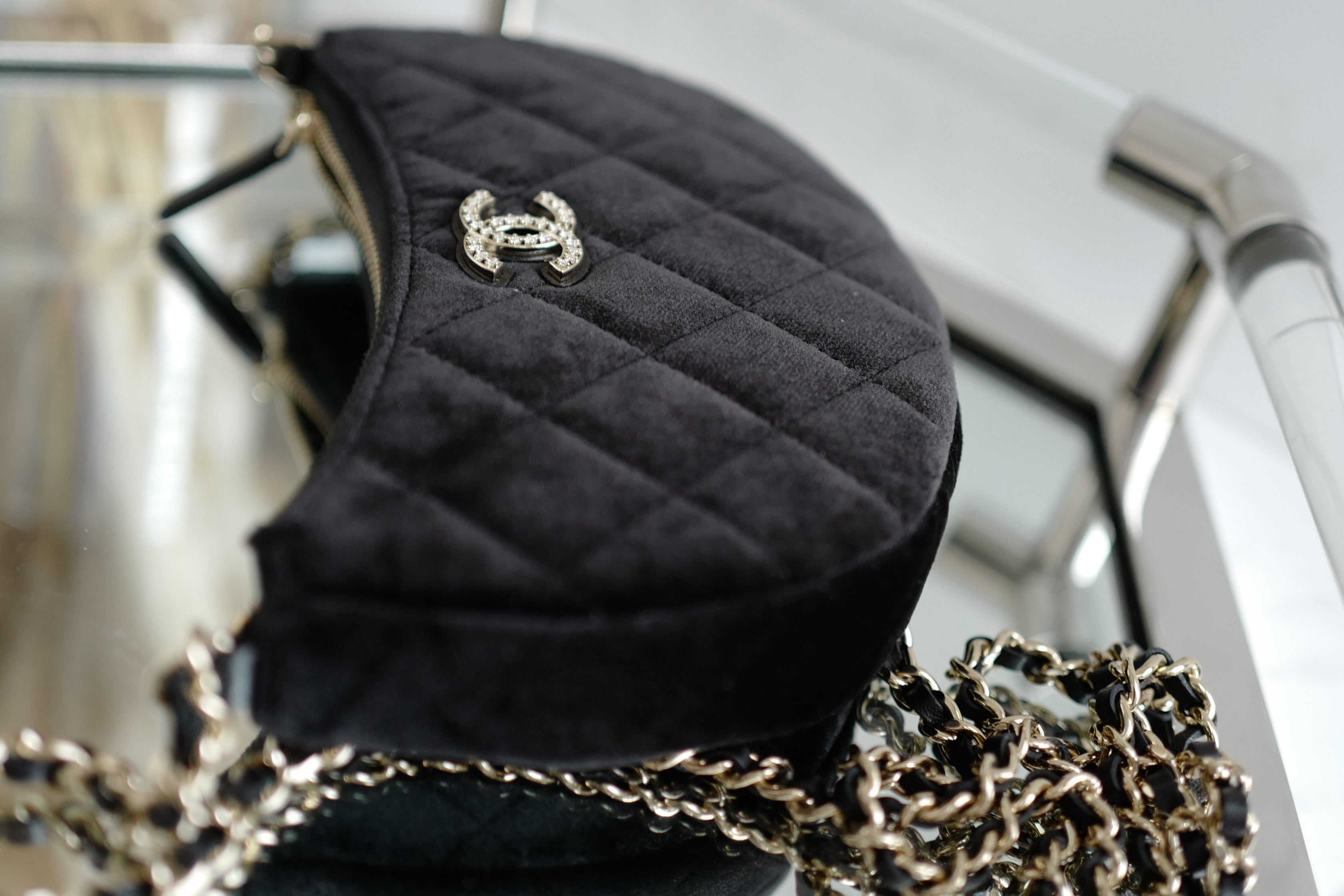 BNIB Chanel Half Moon Bag in Suede/Velvet with Crystal CC Black with Chain