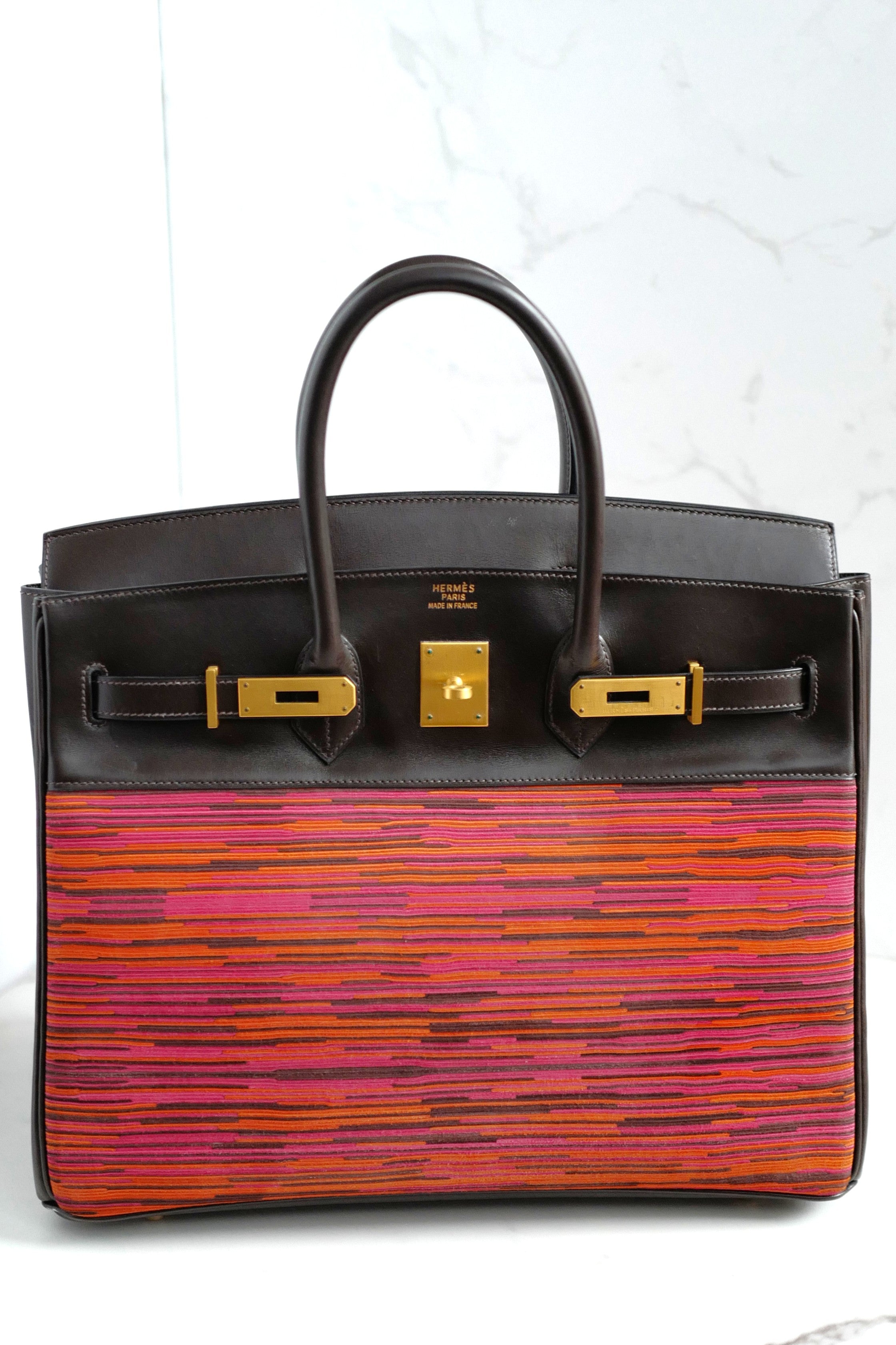 HERMES Birkin 35 Vibrato In Orange/Fuchsia With Havanne In Box Calfskin Gold HW