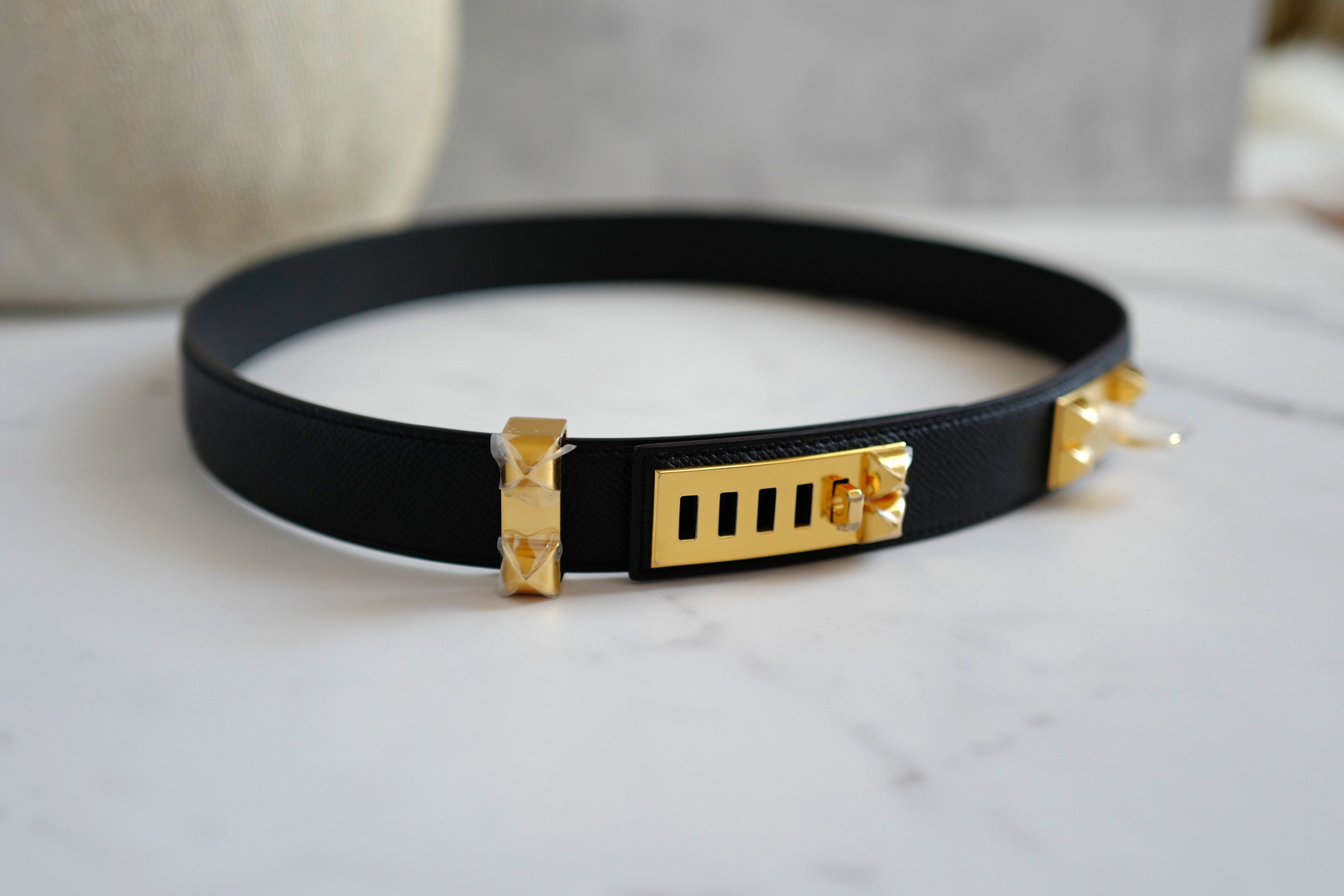 BNIB Hermes Womens Belt Collier De Chien 32 Epsom Noir Black Gold HW Size 85