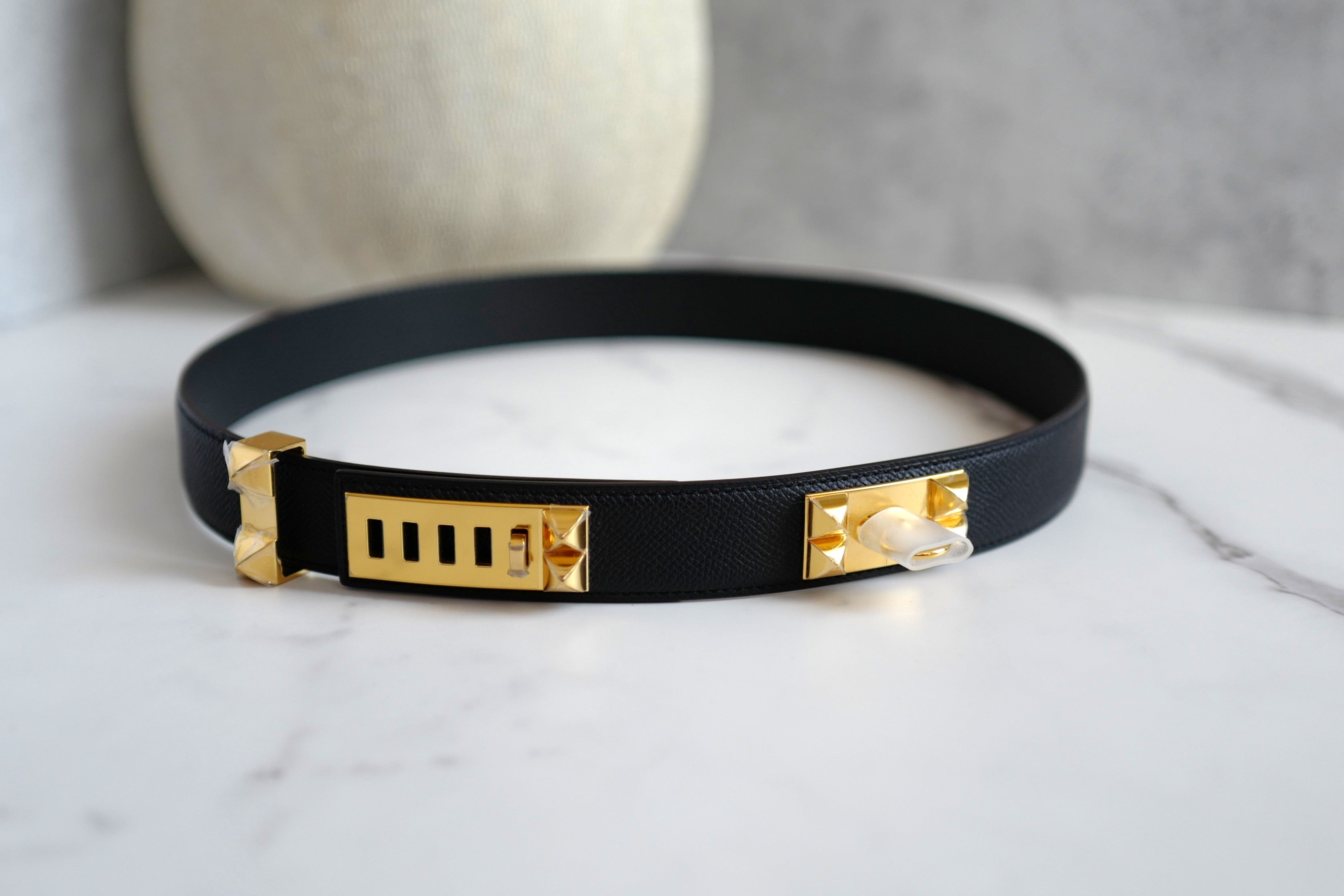 BNIB Hermes Womens Belt Collier De Chien 32 Epsom Noir Black Gold HW Size 85