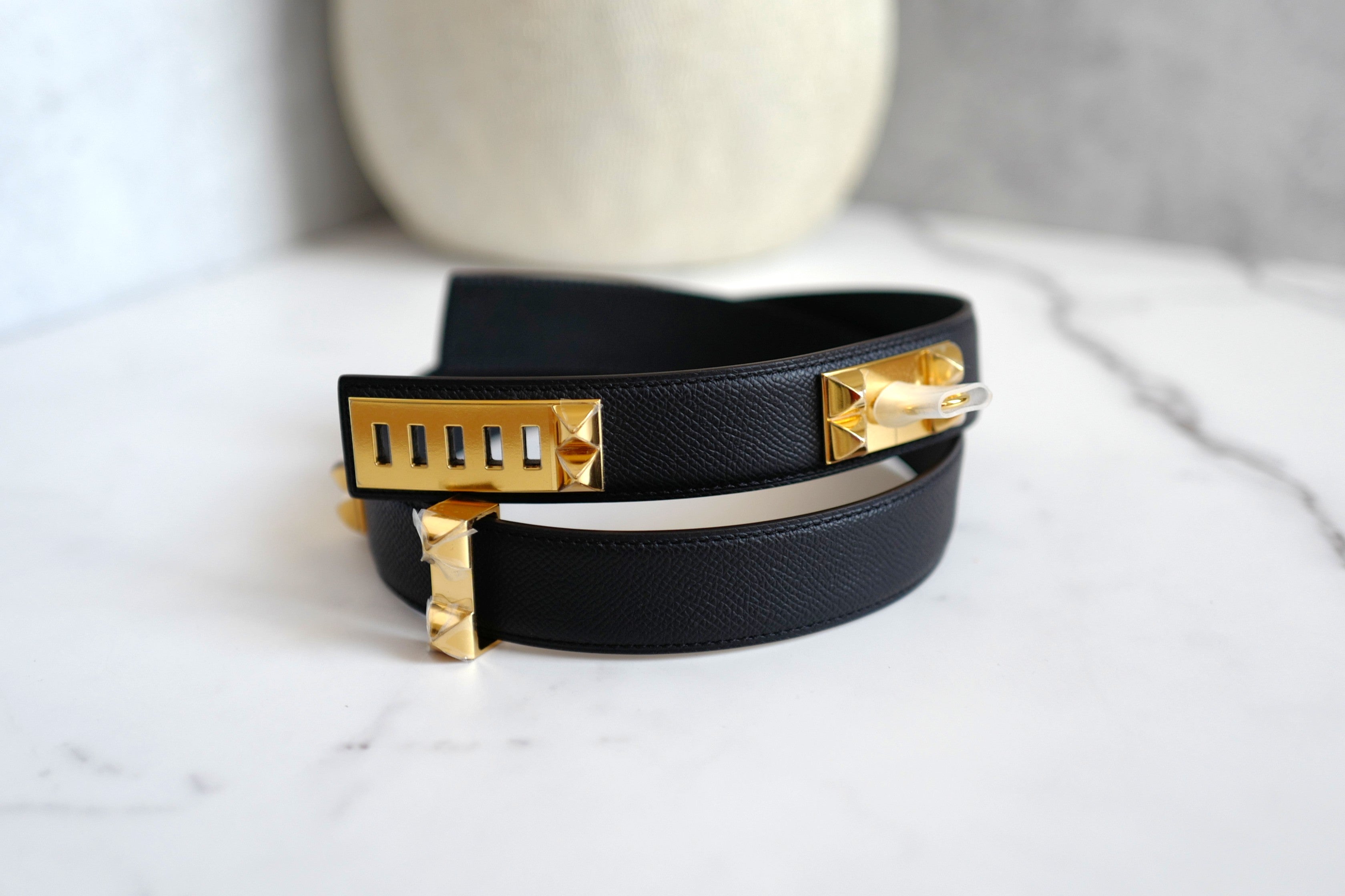BNIB Hermes Womens Belt Collier De Chien 32 Epsom Noir Black Gold HW Size 85