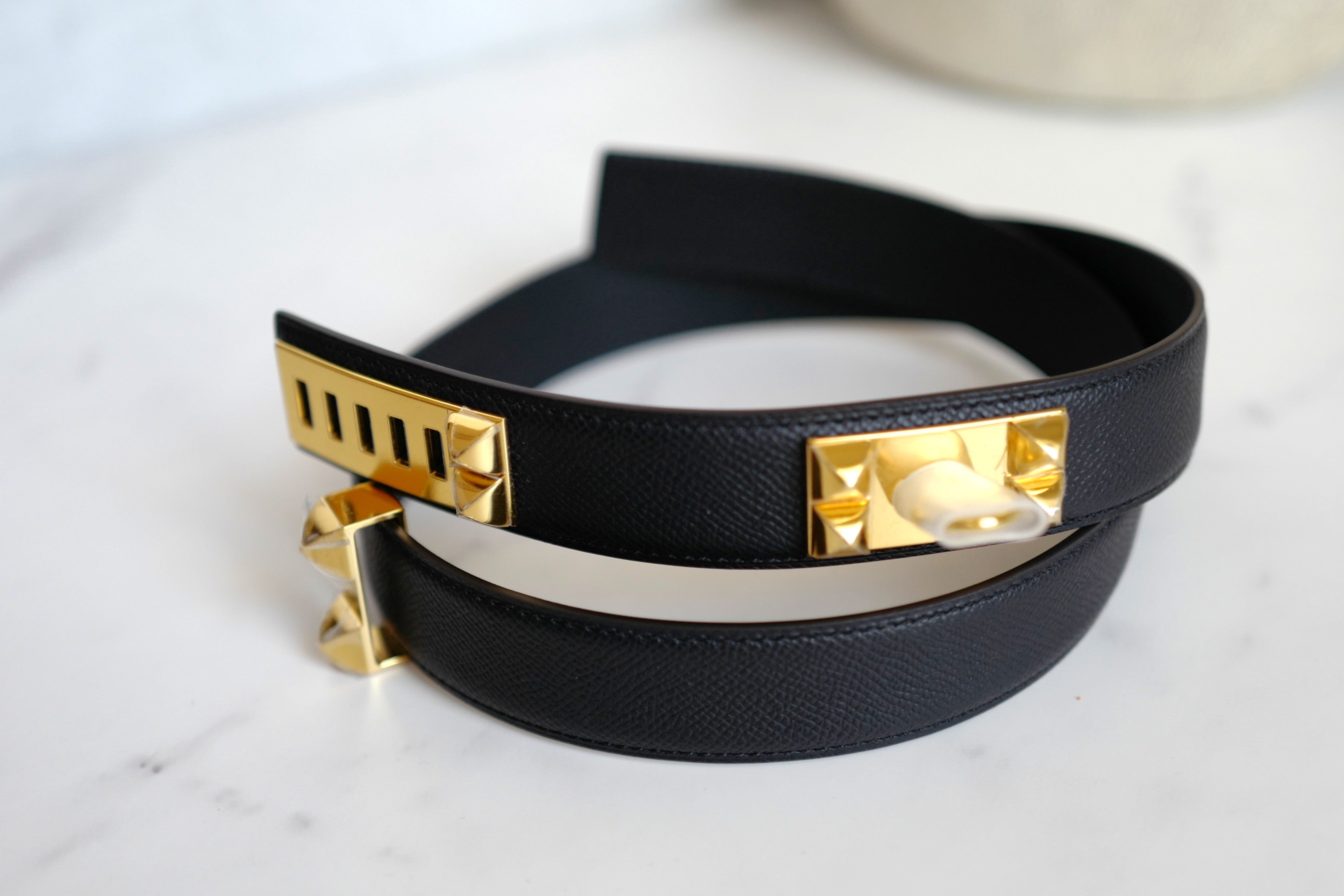 BNIB Hermes Womens Belt Collier De Chien 32 Epsom Noir Black Gold HW Size 85