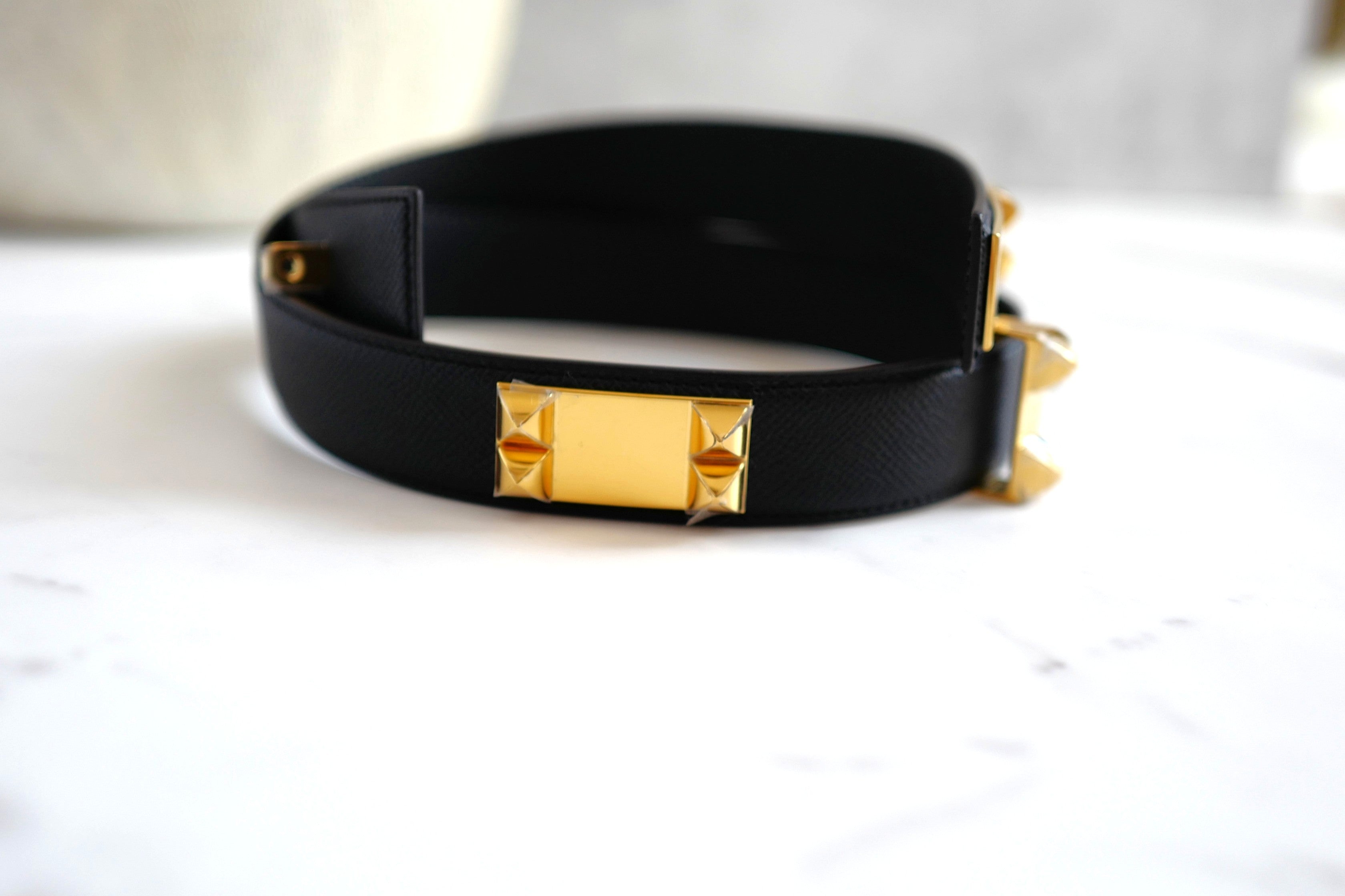 BNIB Hermes Womens Belt Collier De Chien 32 Epsom Noir Black Gold HW Size 85