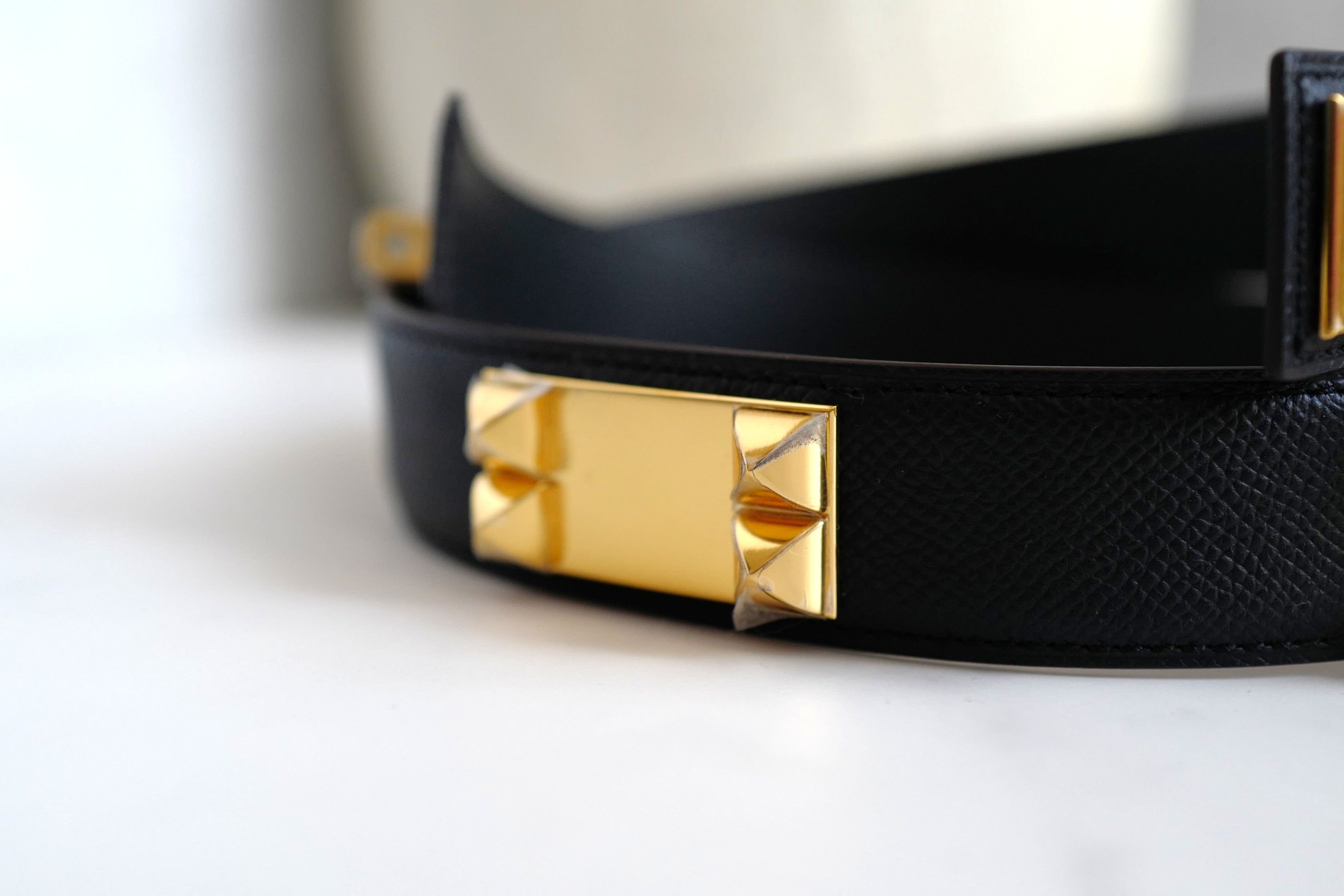 BNIB Hermes Womens Belt Collier De Chien 32 Epsom Noir Black Gold HW Size 85