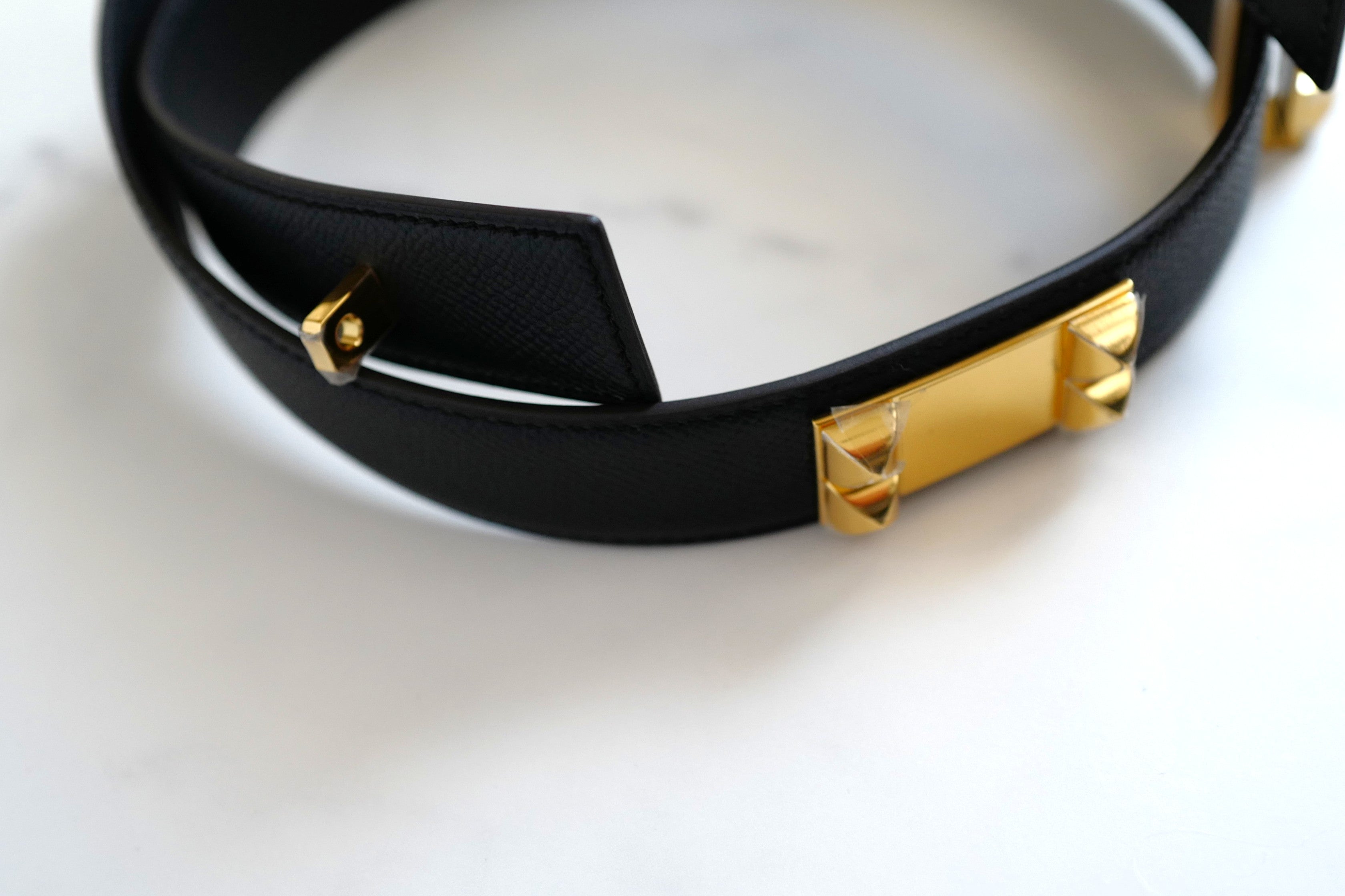 BNIB Hermes Womens Belt Collier De Chien 32 Epsom Noir Black Gold HW Size 85
