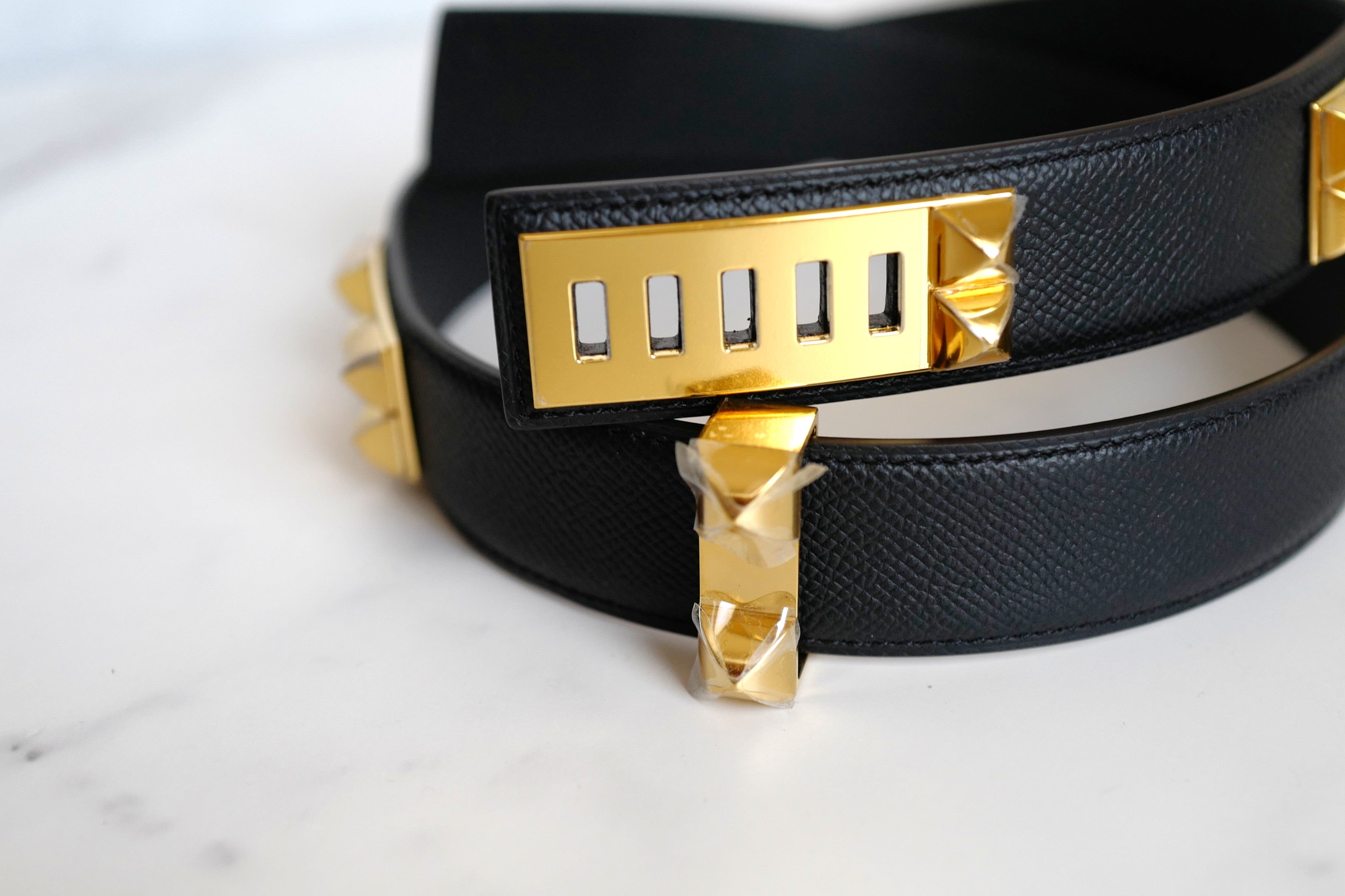 BNIB Hermes Womens Belt Collier De Chien 32 Epsom Noir Black Gold HW Size 85