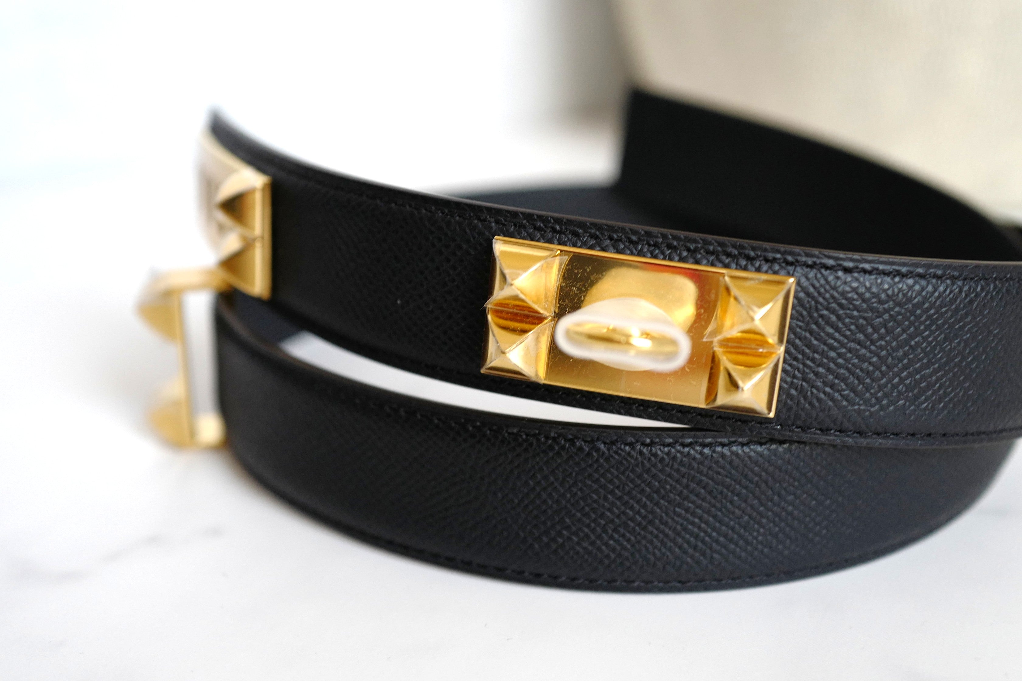 BNIB Hermes Womens Belt Collier De Chien 32 Epsom Noir Black Gold HW Size 85