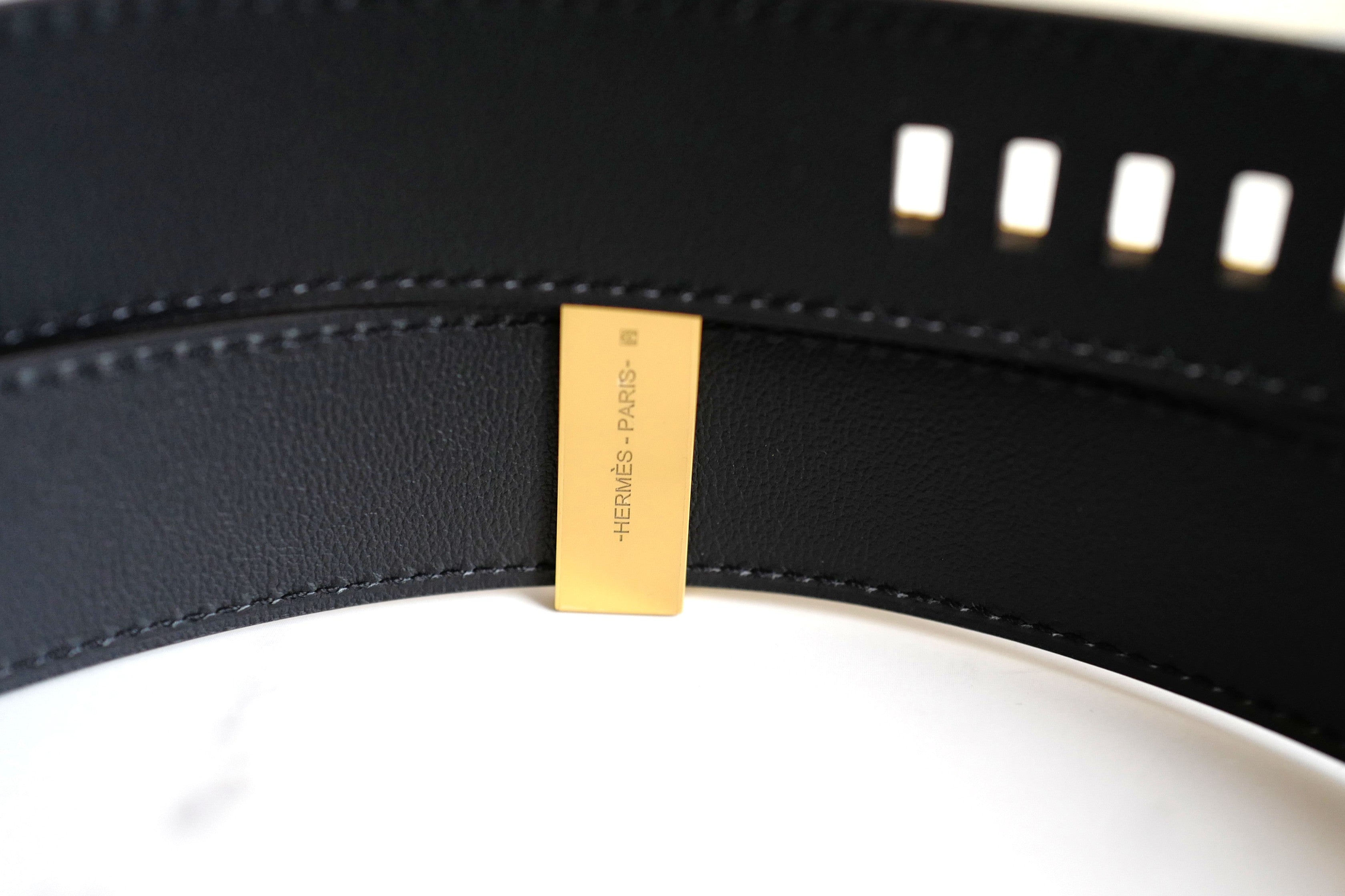 BNIB Hermes Womens Belt Collier De Chien 32 Epsom Noir Black Gold HW Size 85