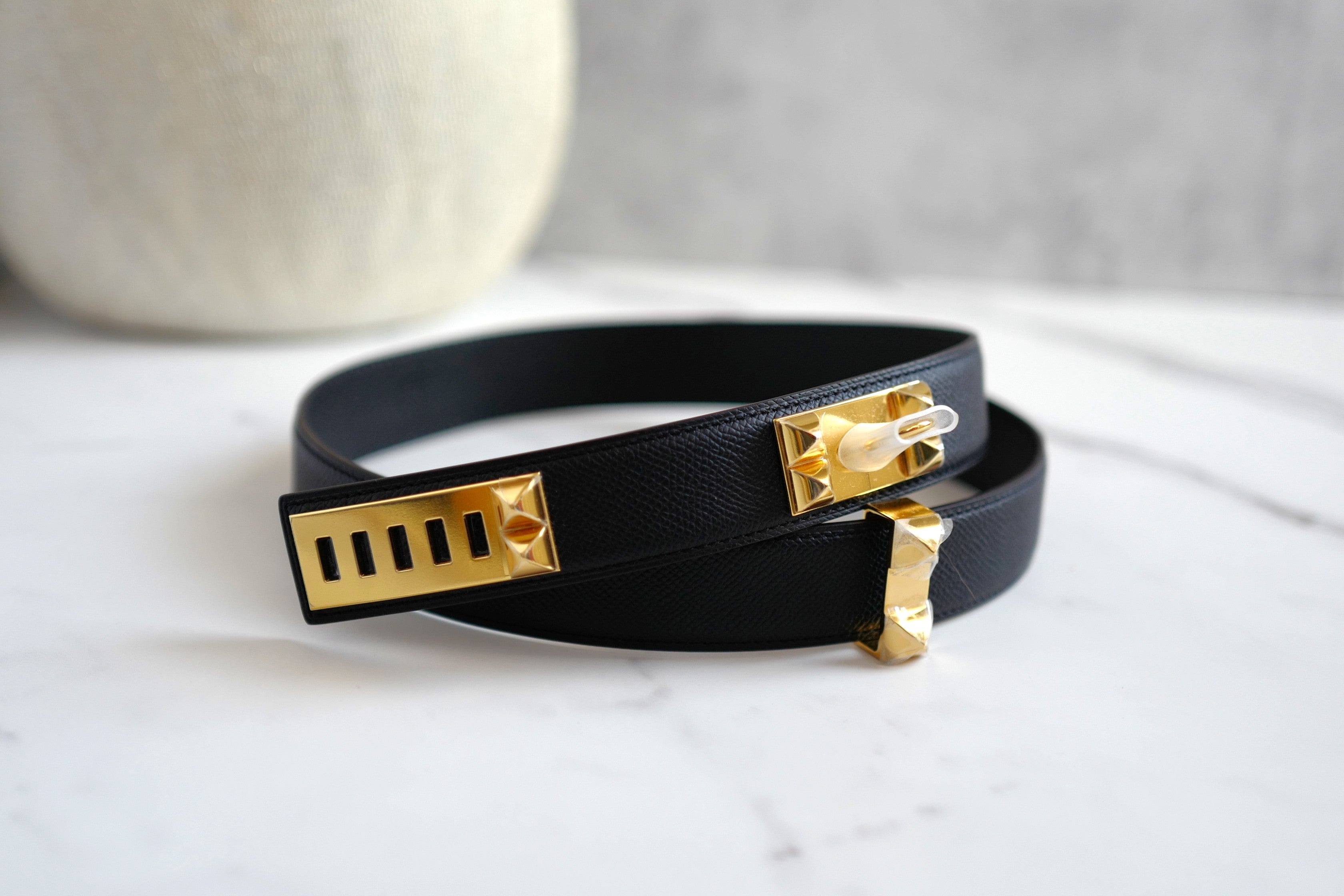 BNIB Hermes Womens Belt Collier De Chien 32 Epsom Noir Black Gold HW Size 85