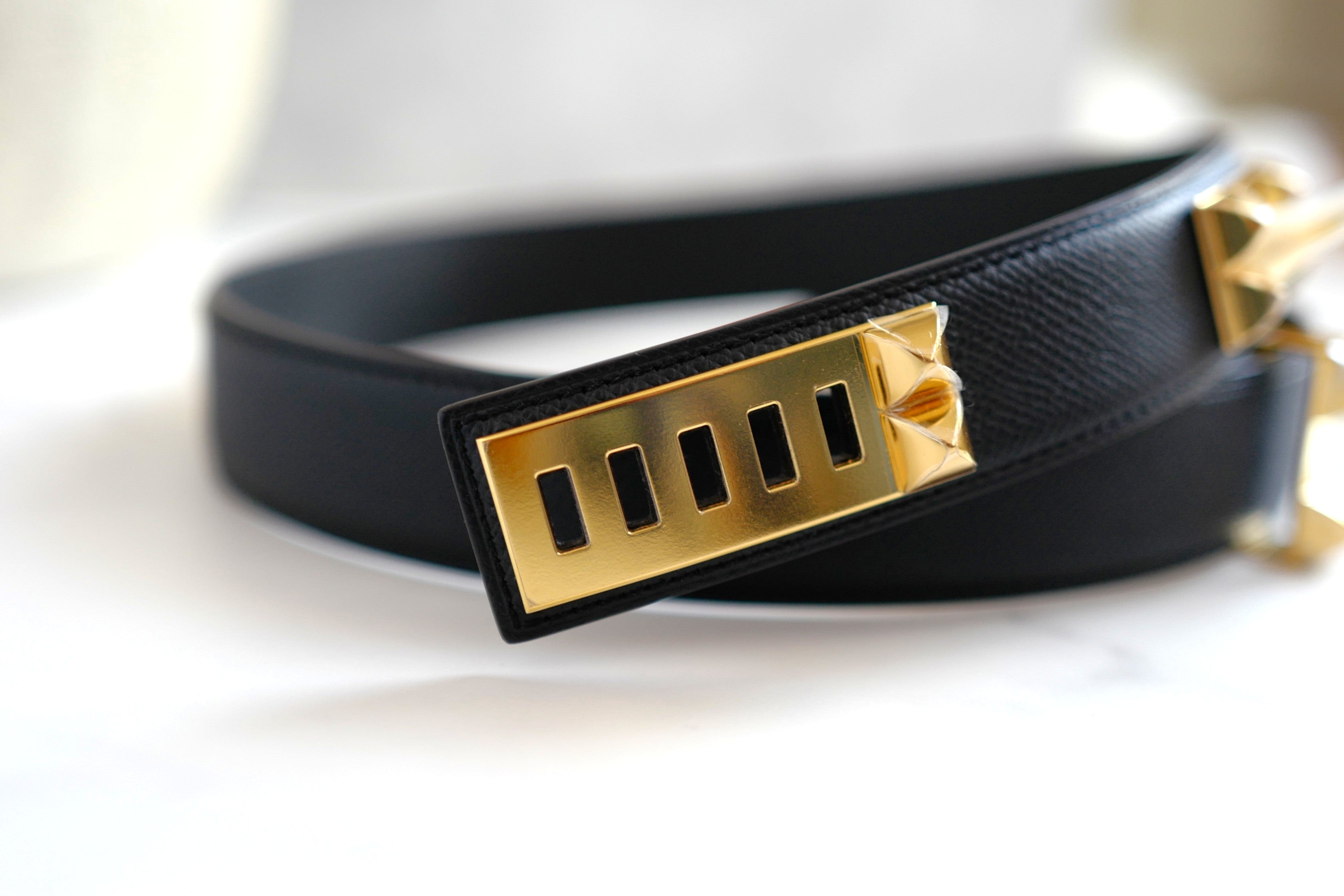 BNIB Hermes Womens Belt Collier De Chien 32 Epsom Noir Black Gold HW Size 85