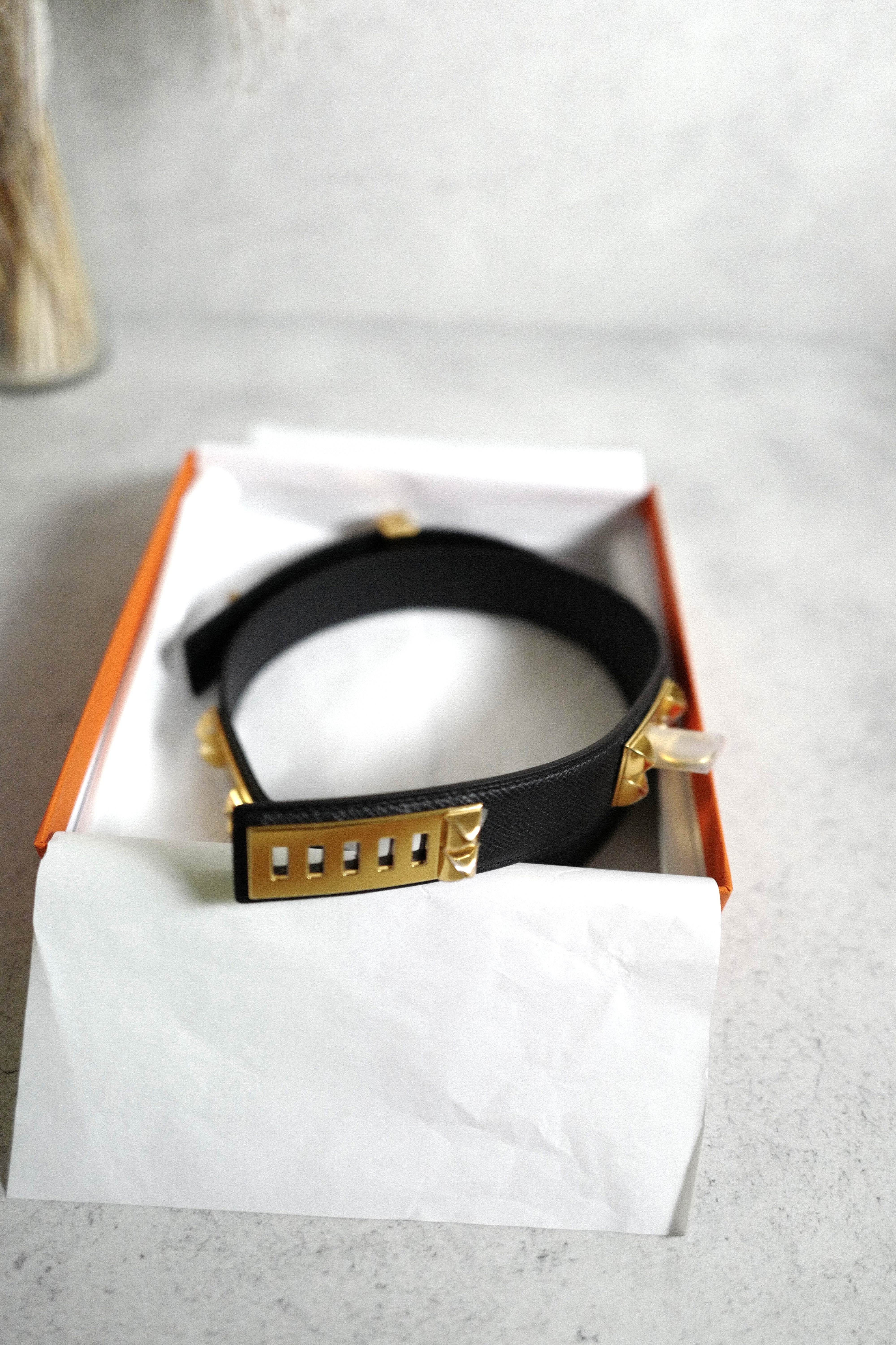 BNIB Hermes Womens Belt Collier De Chien 32 Epsom Noir Black Gold HW Size 85