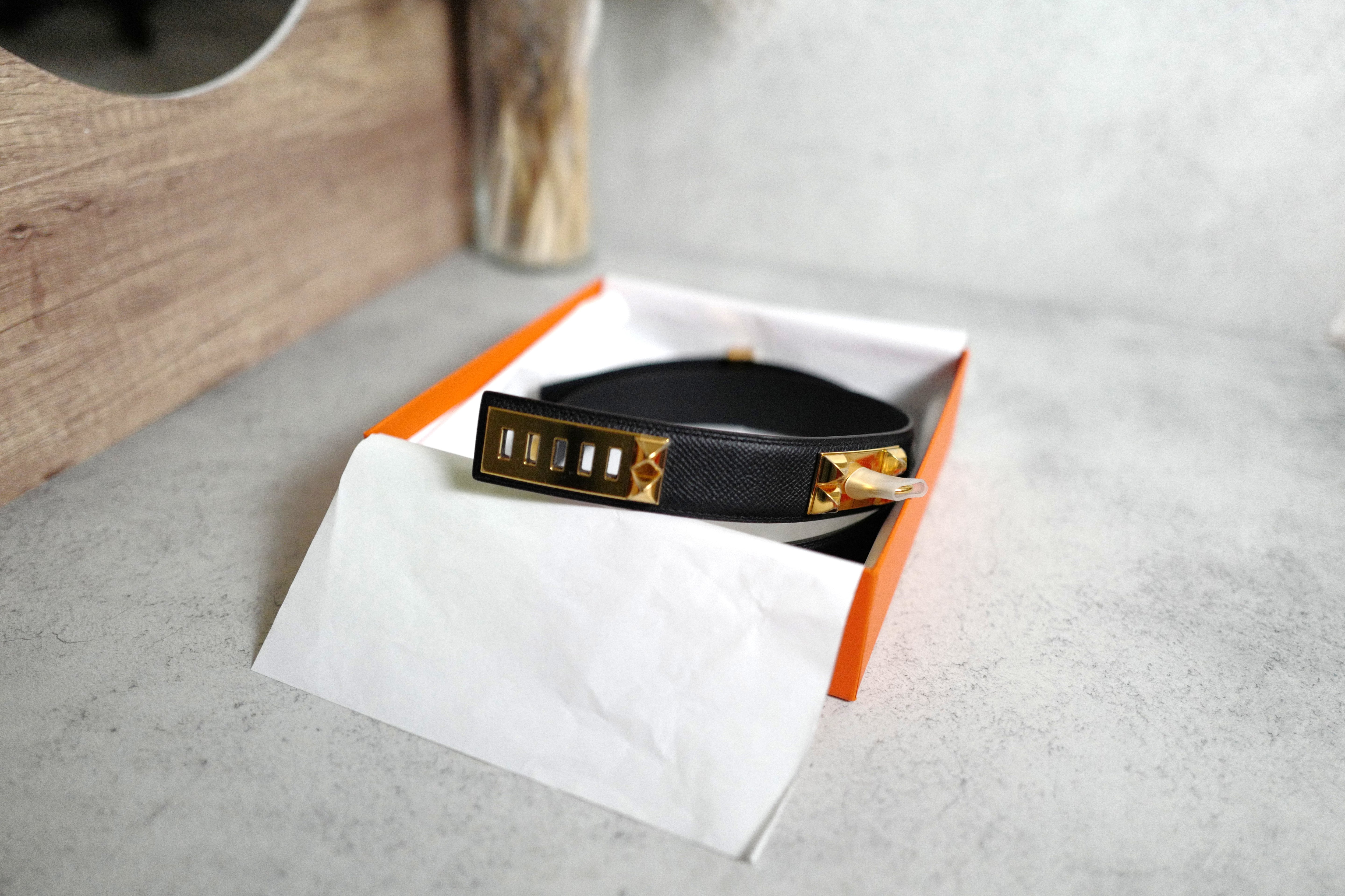BNIB Hermes Womens Belt Collier De Chien 32 Epsom Noir Black Gold HW Size 85