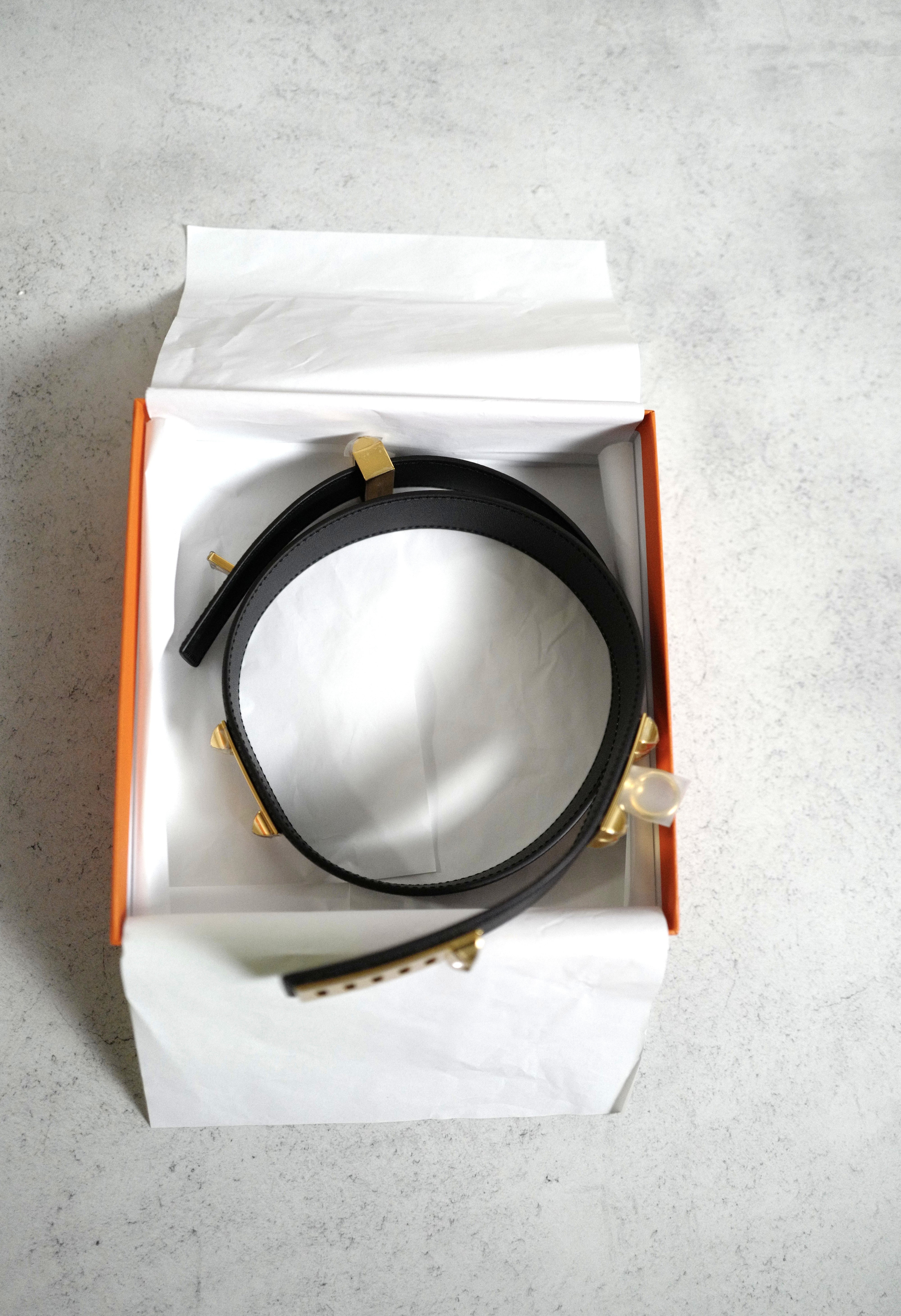 BNIB Hermes Womens Belt Collier De Chien 32 Epsom Noir Black Gold HW Size 85