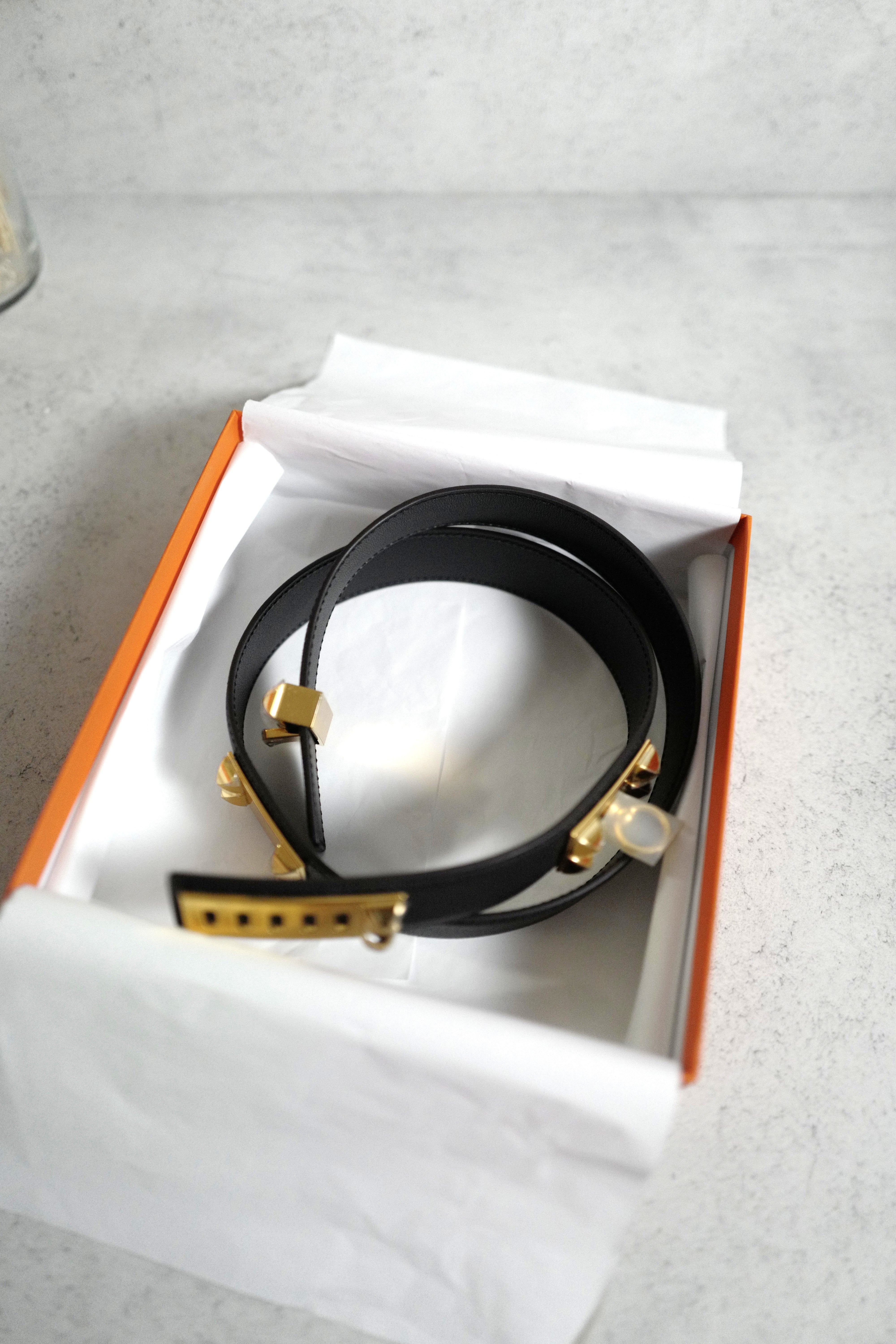 BNIB Hermes Womens Belt Collier De Chien 32 Epsom Noir Black Gold HW Size 85