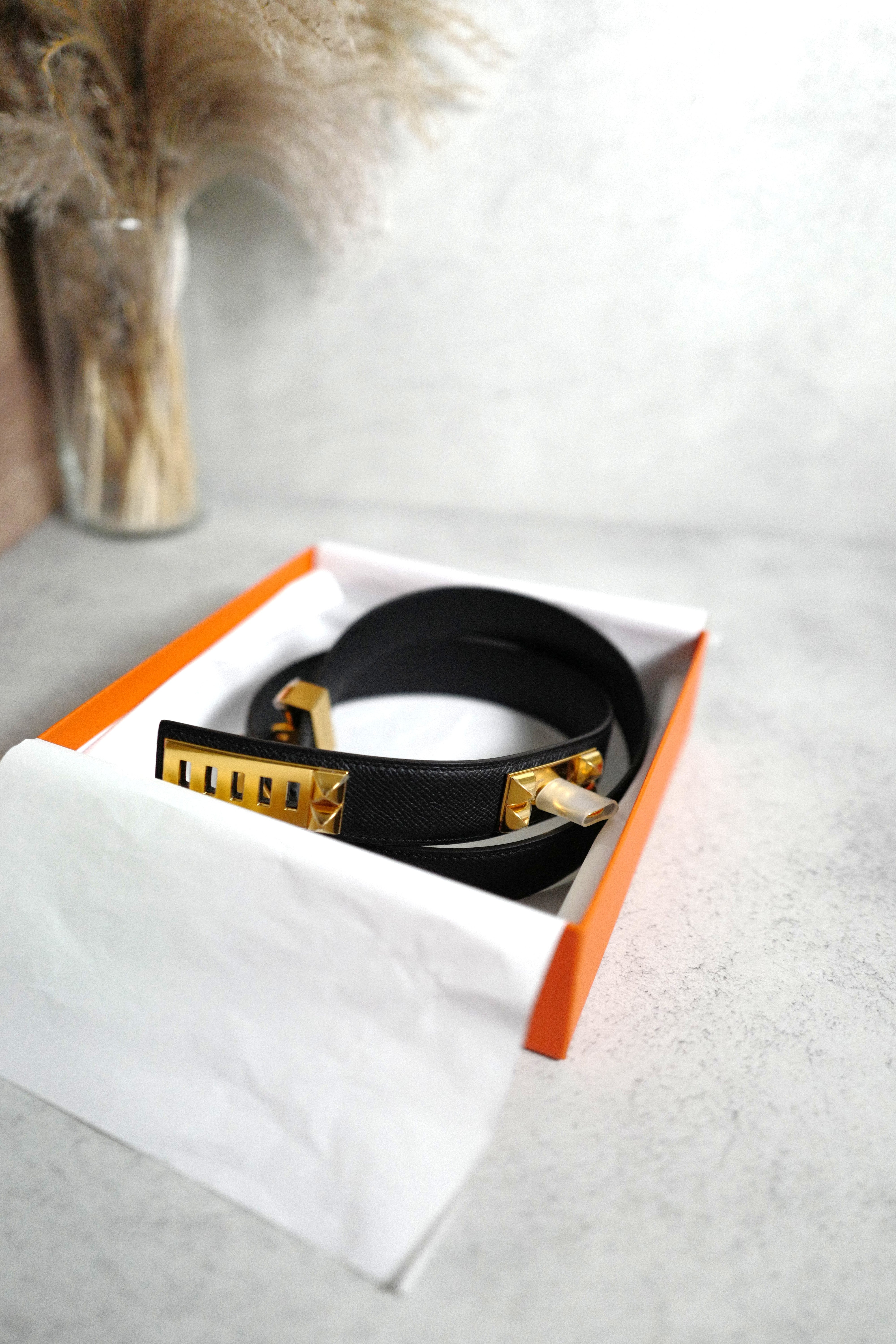 BNIB Hermes Womens Belt Collier De Chien 32 Epsom Noir Black Gold HW Size 85