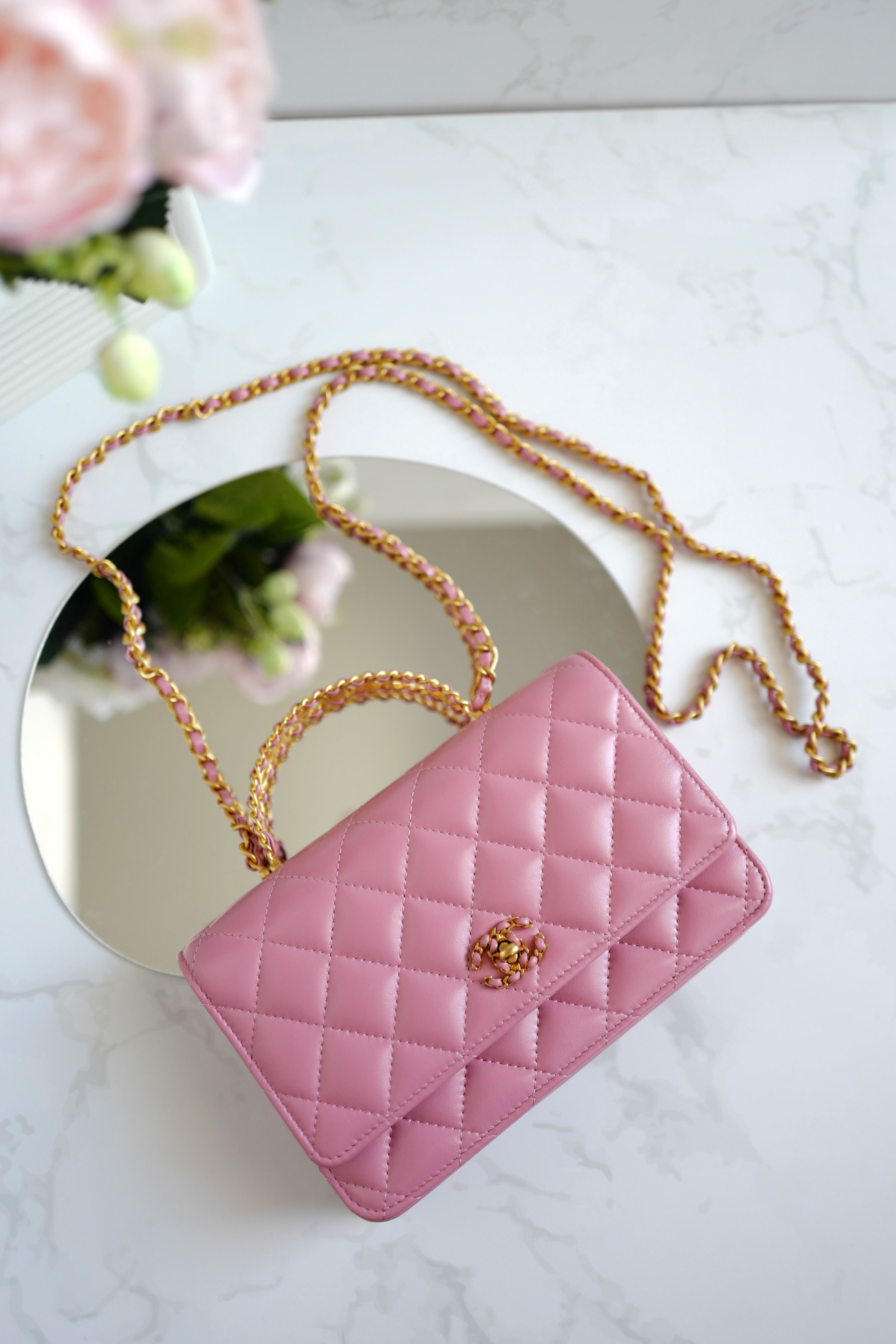 BNIB Chanel O-Mini Top Handle Bag in Pink with Crystal-Embellished Logo Gold HW