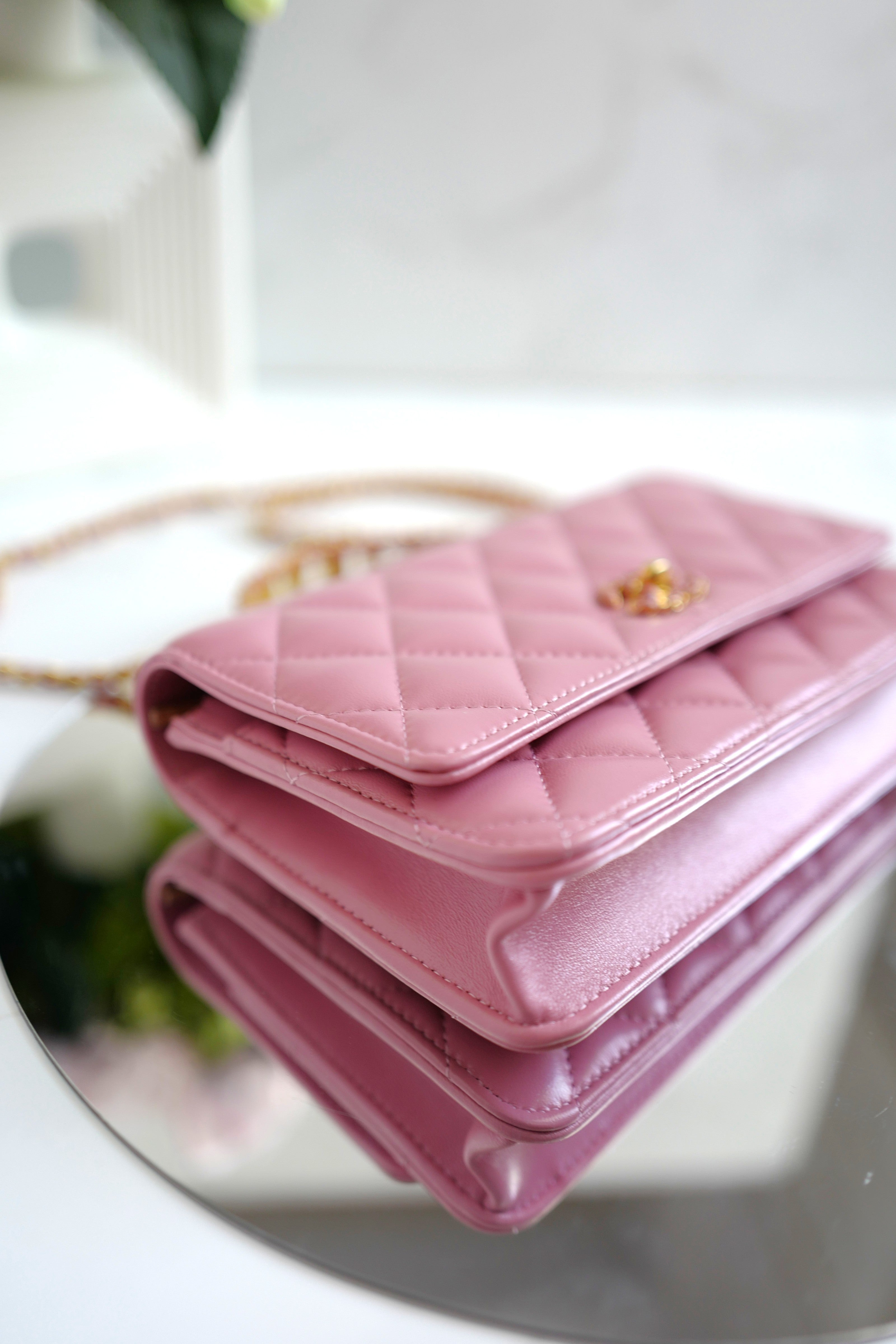 BNIB Chanel O-Mini Top Handle Bag in Pink with Crystal-Embellished Logo Gold HW