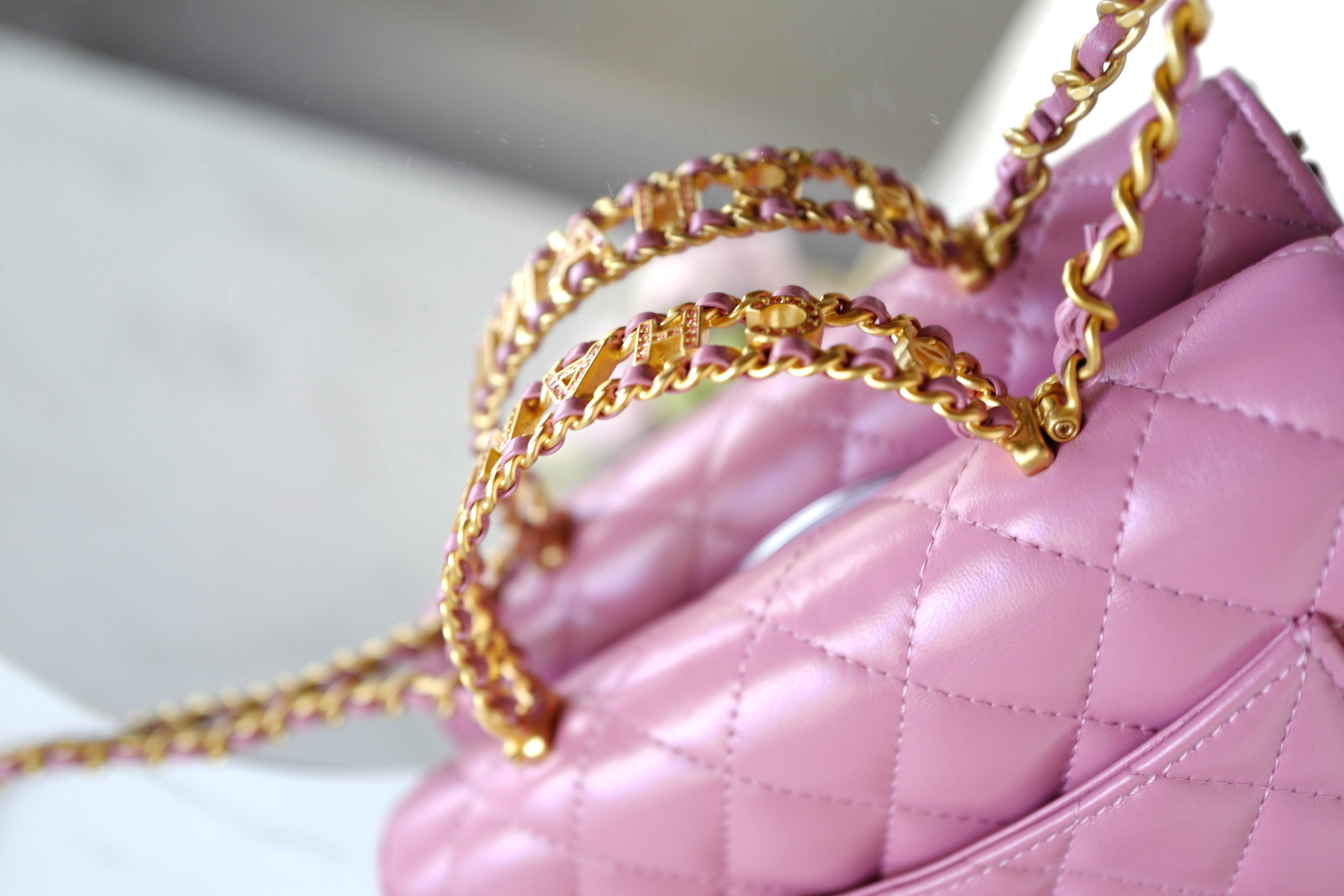 BNIB Chanel O-Mini Top Handle Bag in Pink with Crystal-Embellished Logo Gold HW