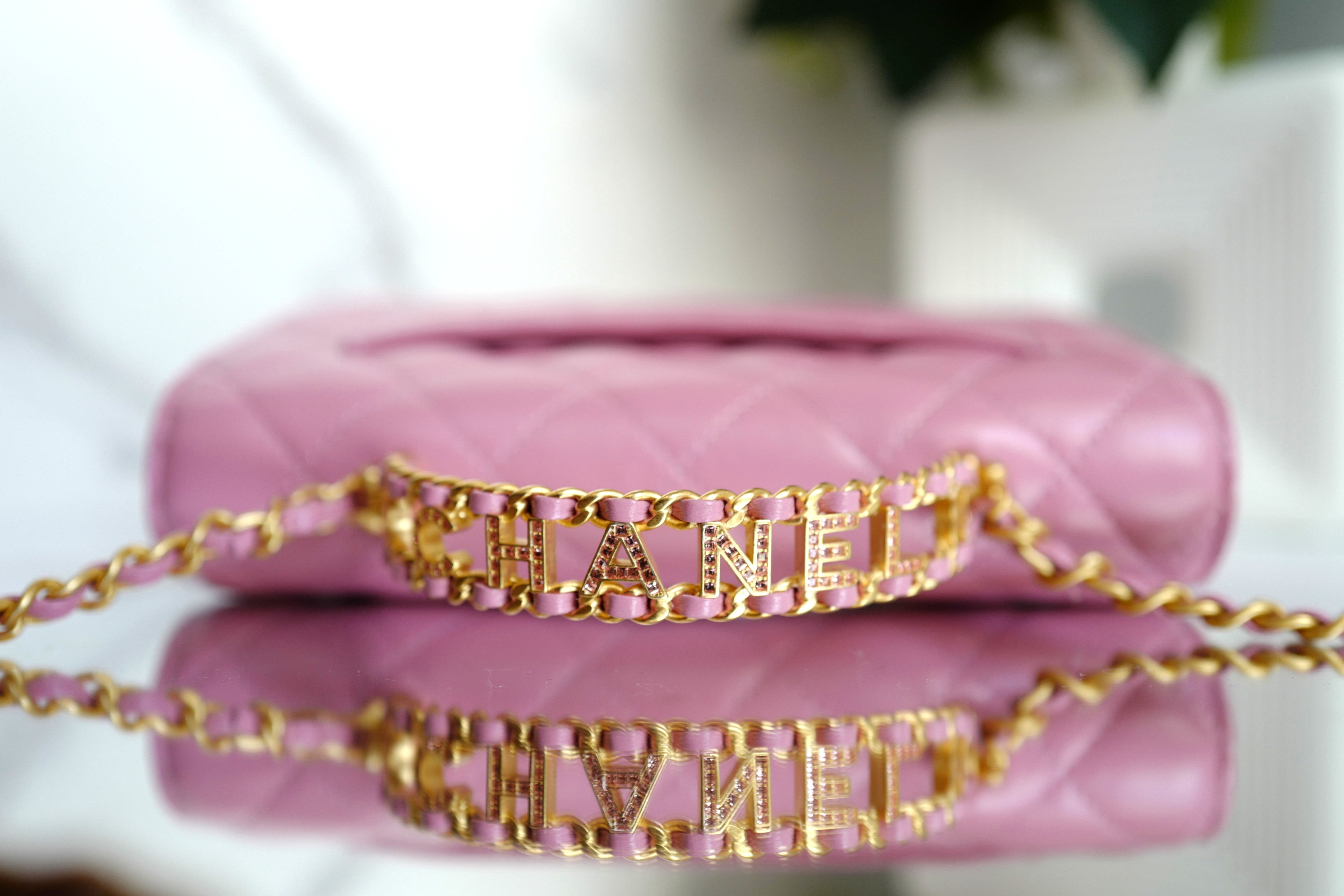 BNIB Chanel O-Mini Top Handle Bag in Pink with Crystal-Embellished Logo Gold HW