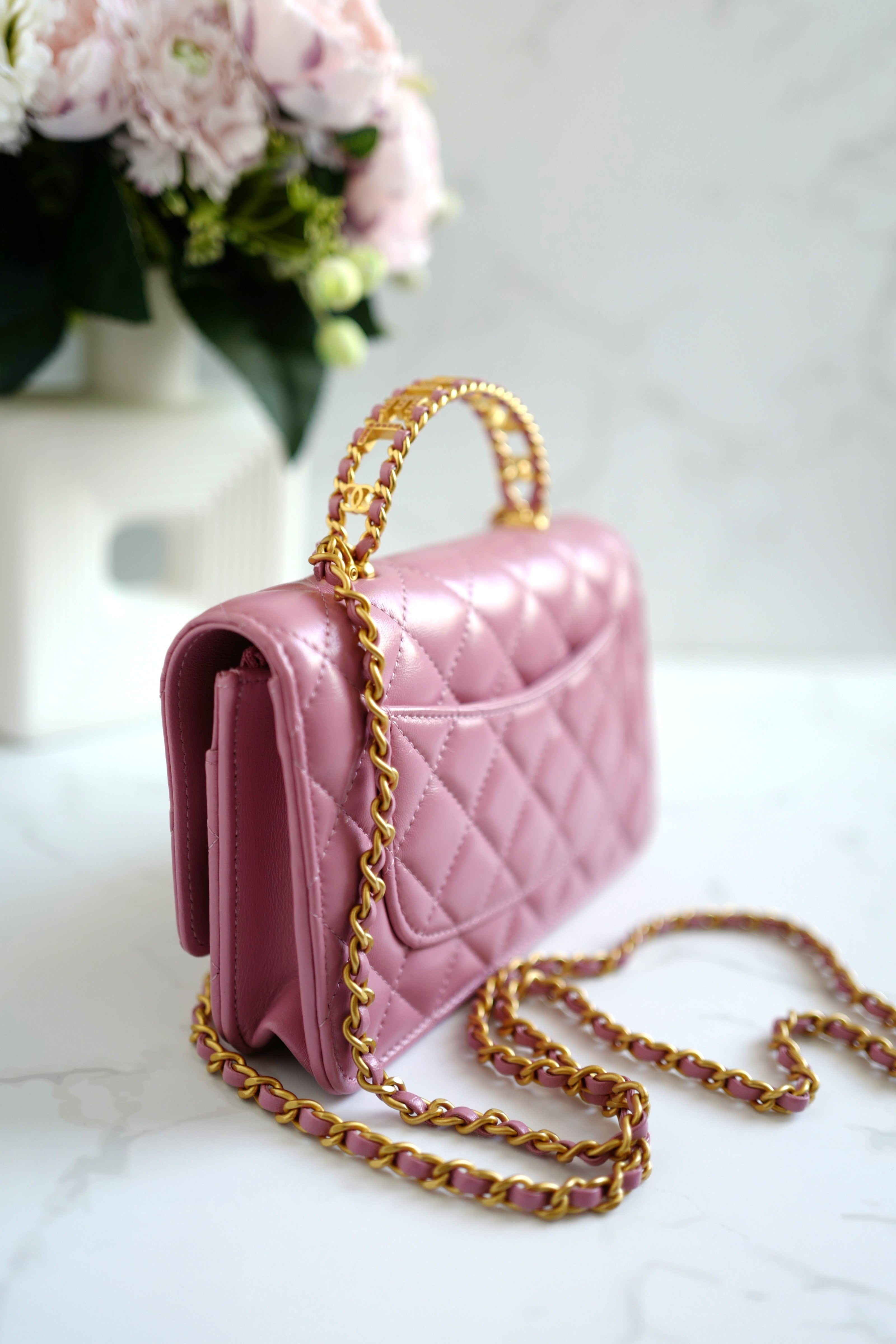 BNIB Chanel O-Mini Top Handle Bag in Pink with Crystal-Embellished Logo Gold HW