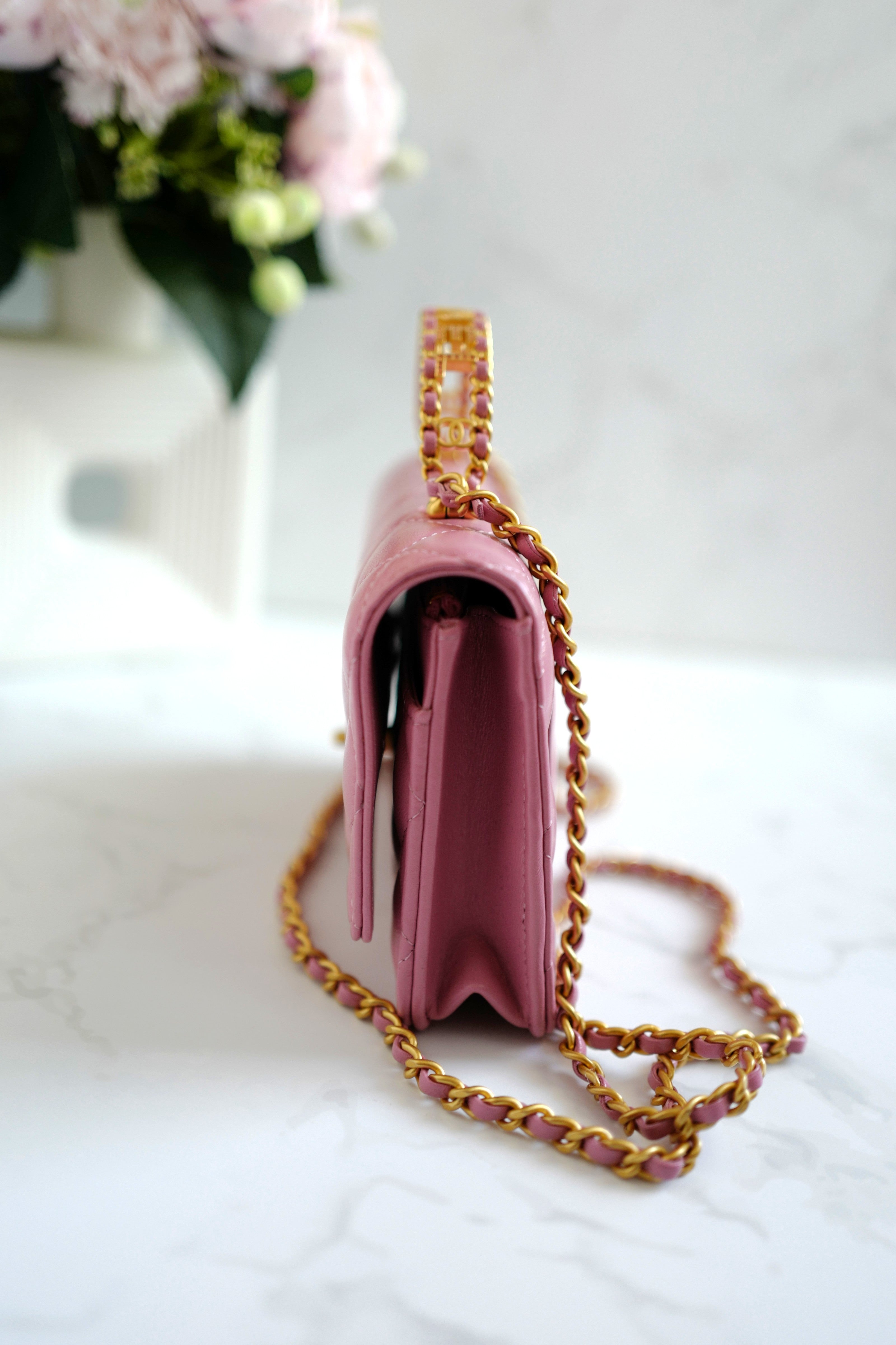 BNIB Chanel O-Mini Top Handle Bag in Pink with Crystal-Embellished Logo Gold HW